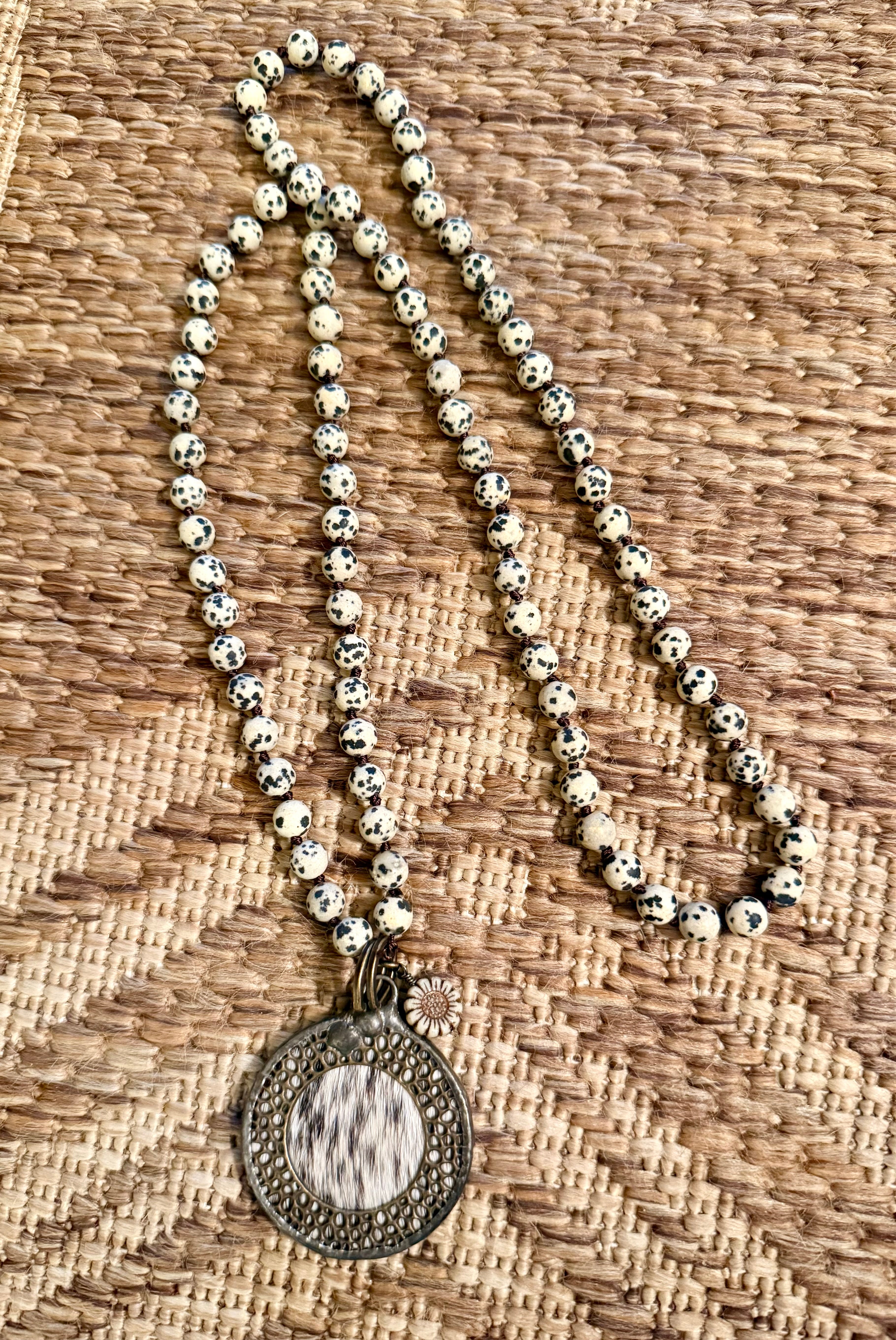 Speckled Dalmatian Jasper Beaded Necklace with Metal Pendant