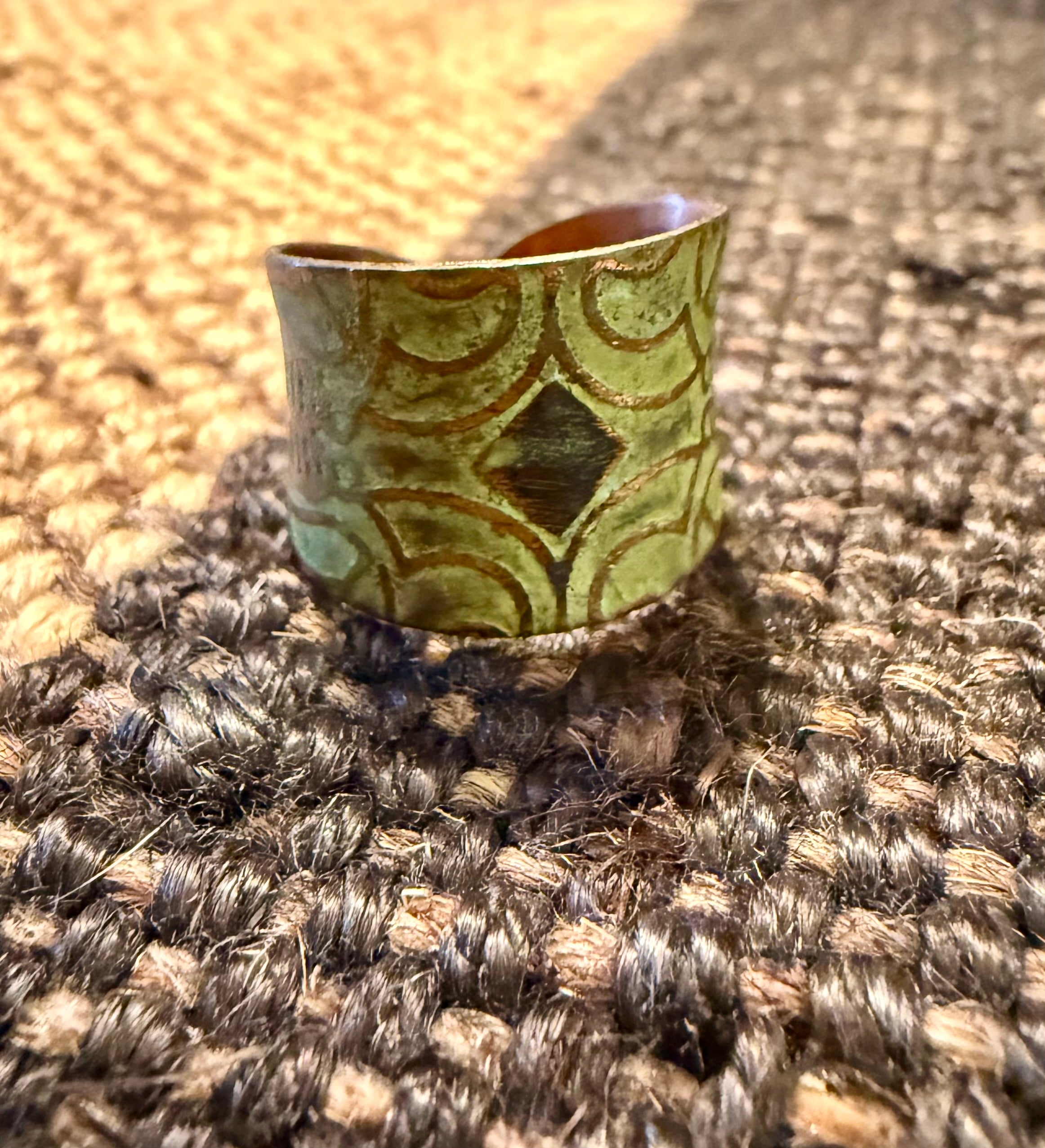Brass Patina Cuff Ring with Floral Scrollwork Design