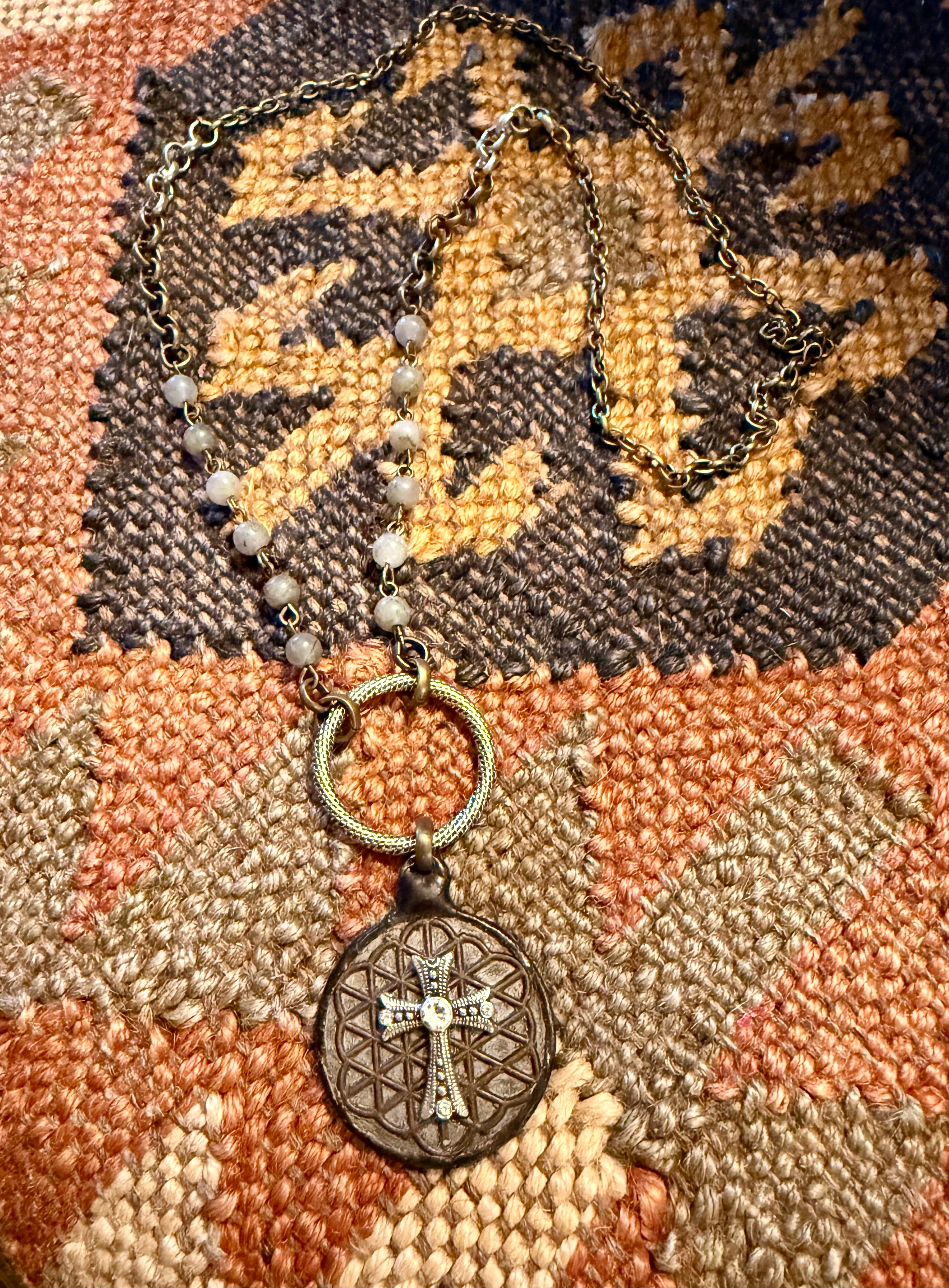 Antique Brass Necklace with Flower of Life and Cross Pendant