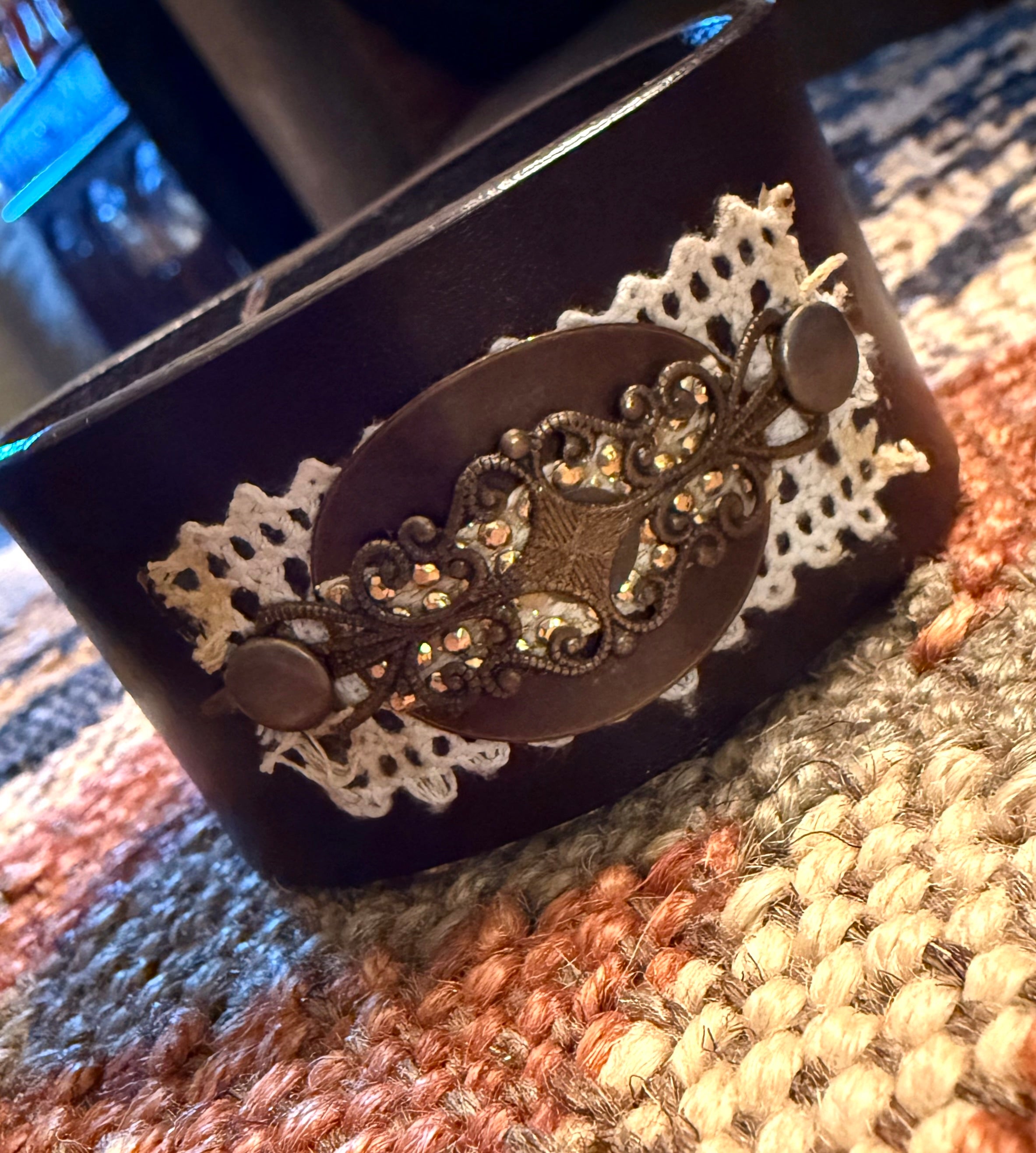 Leather Cuff Bracelet with Delicate Metal and Lace Applique