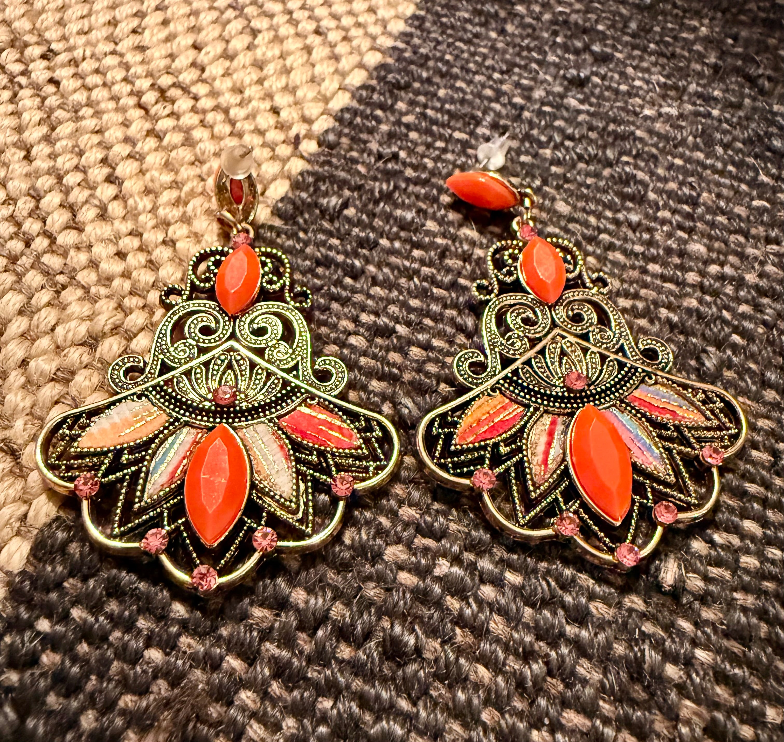 Filagree Earrings with Coral and Brass Accents