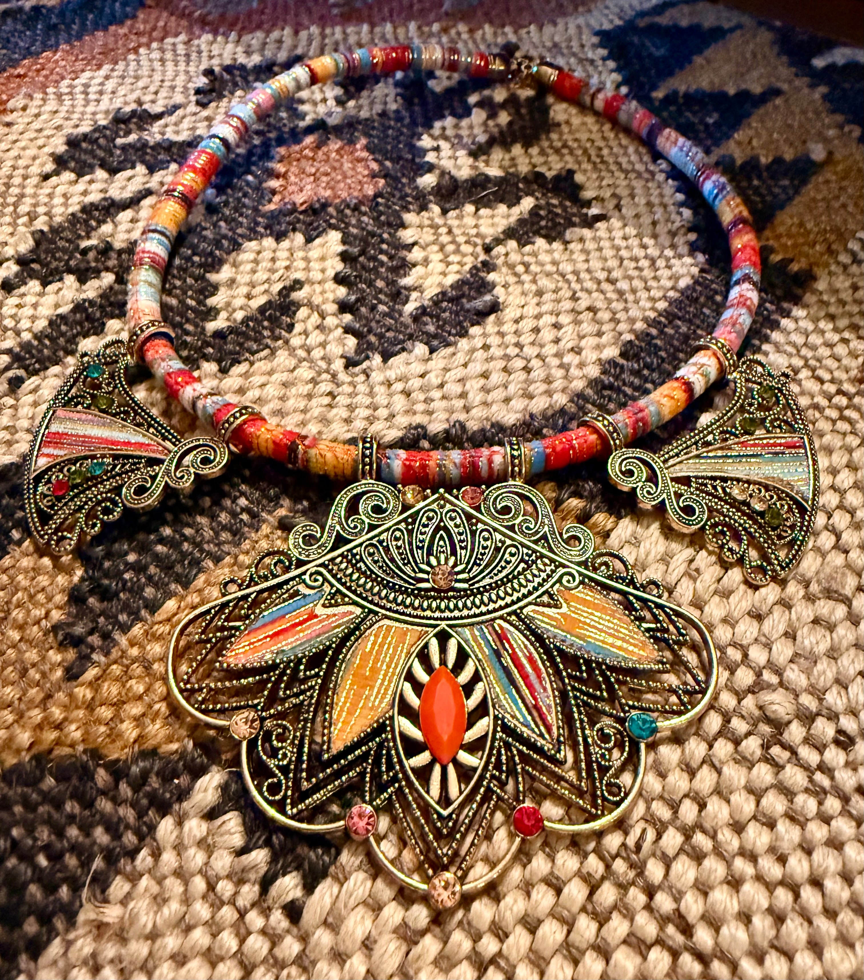 Ethnic Collar Necklace with Fabric Cord