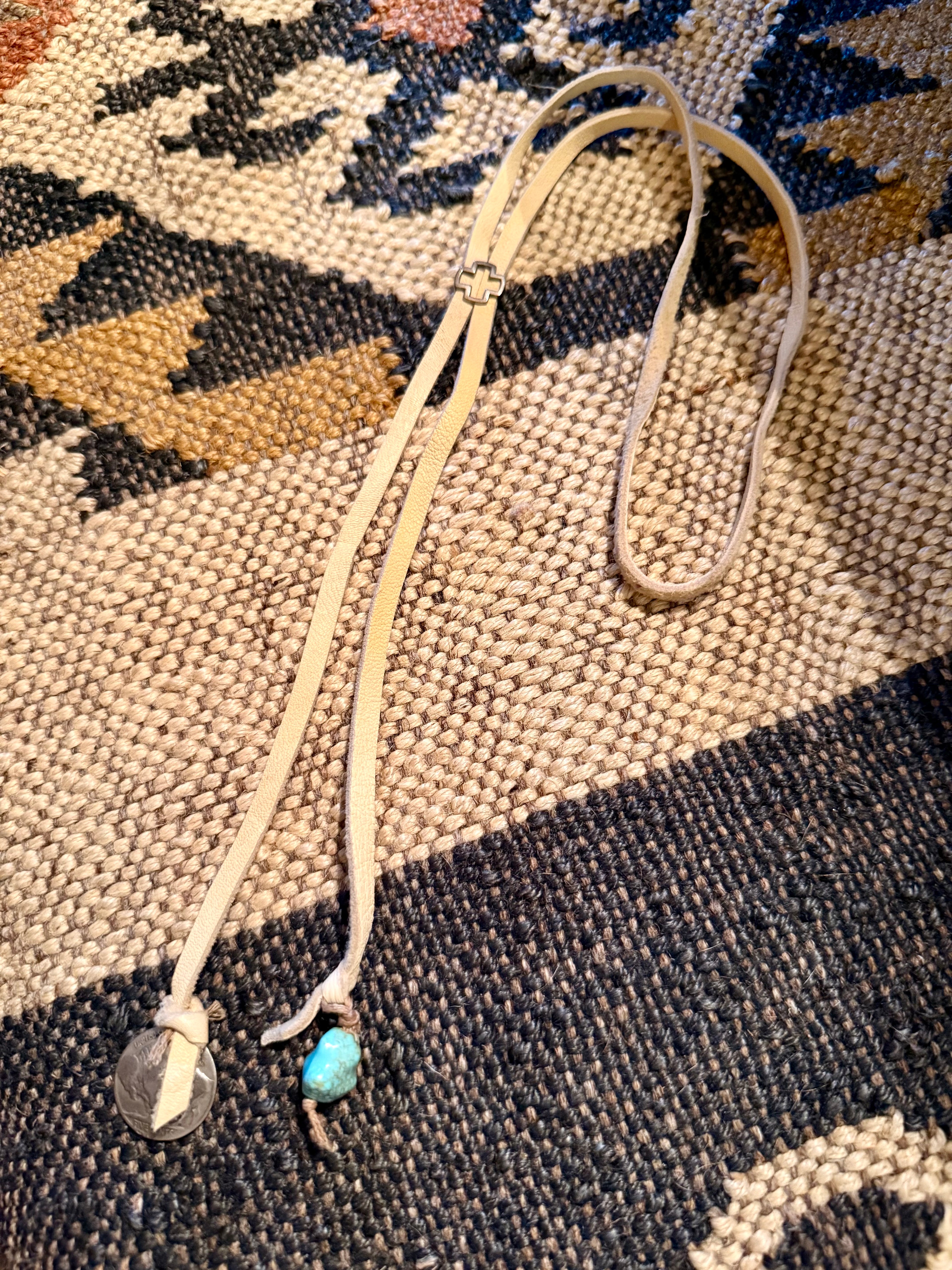 Leather Cord Bolo Sliding Necklace with Turquoise and Silver Pendant Points