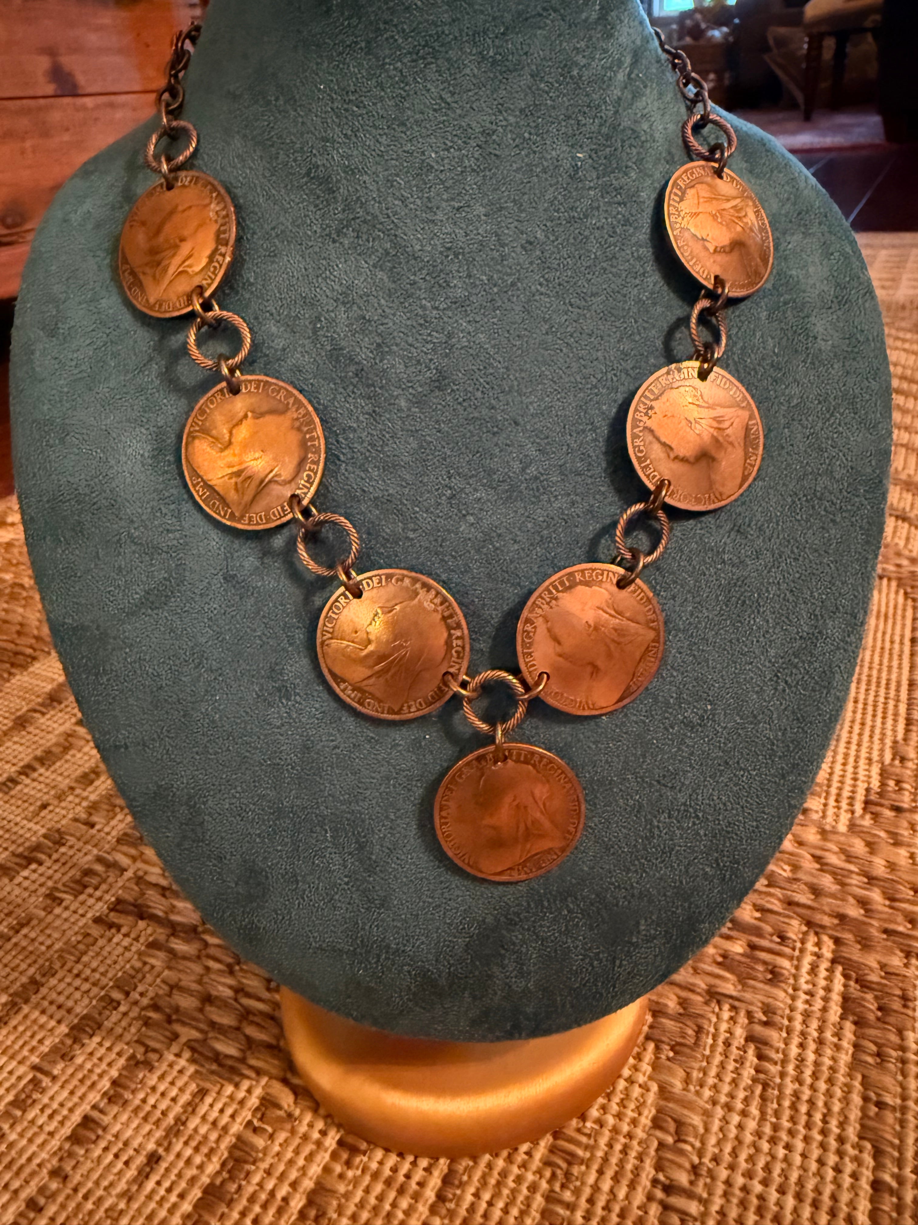 Copper Coin Necklace Featuring British Penny Coins