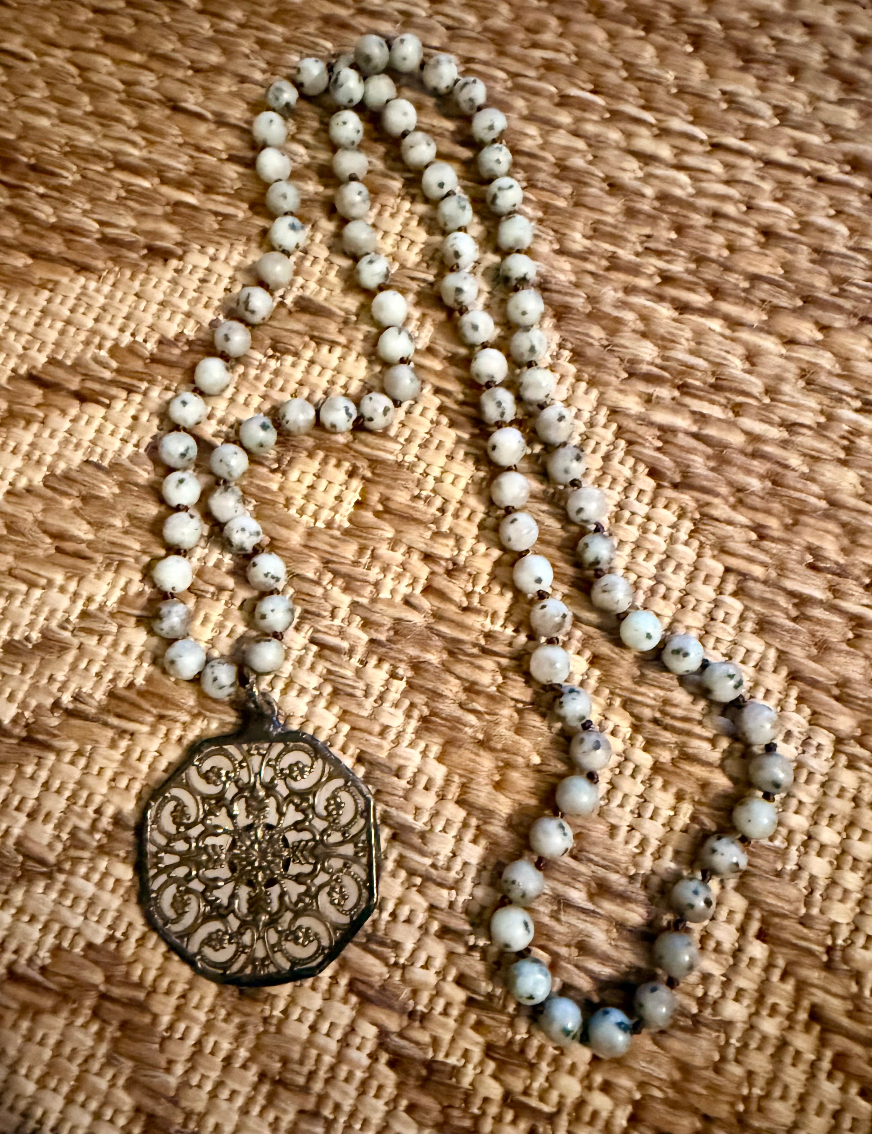 Jasper Stone Beaded Necklace with Bronze Filigree Medallion Pendant