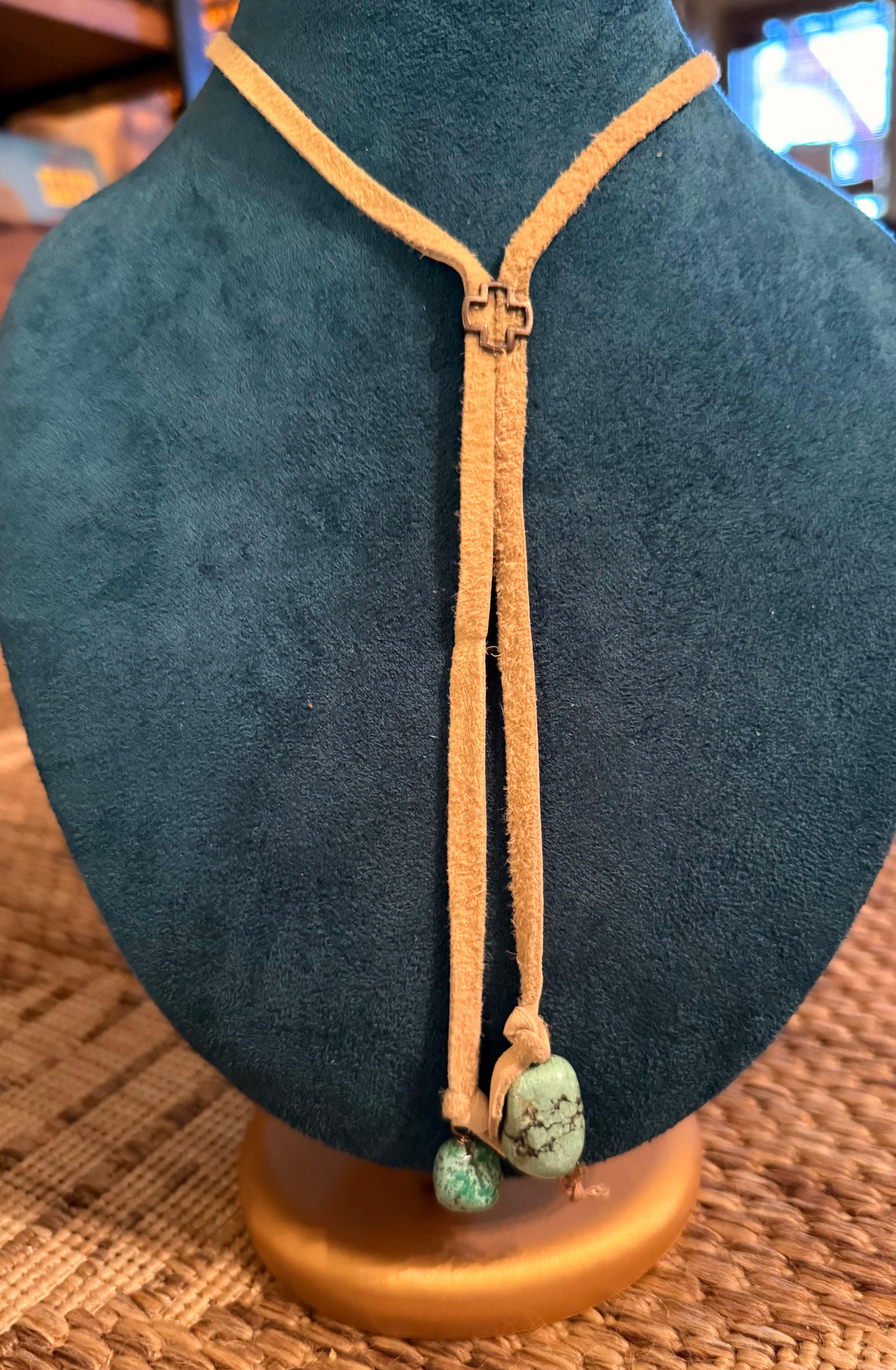 Suede Leather Sliding Bolo Tie Necklace with Turquoise Stone Points