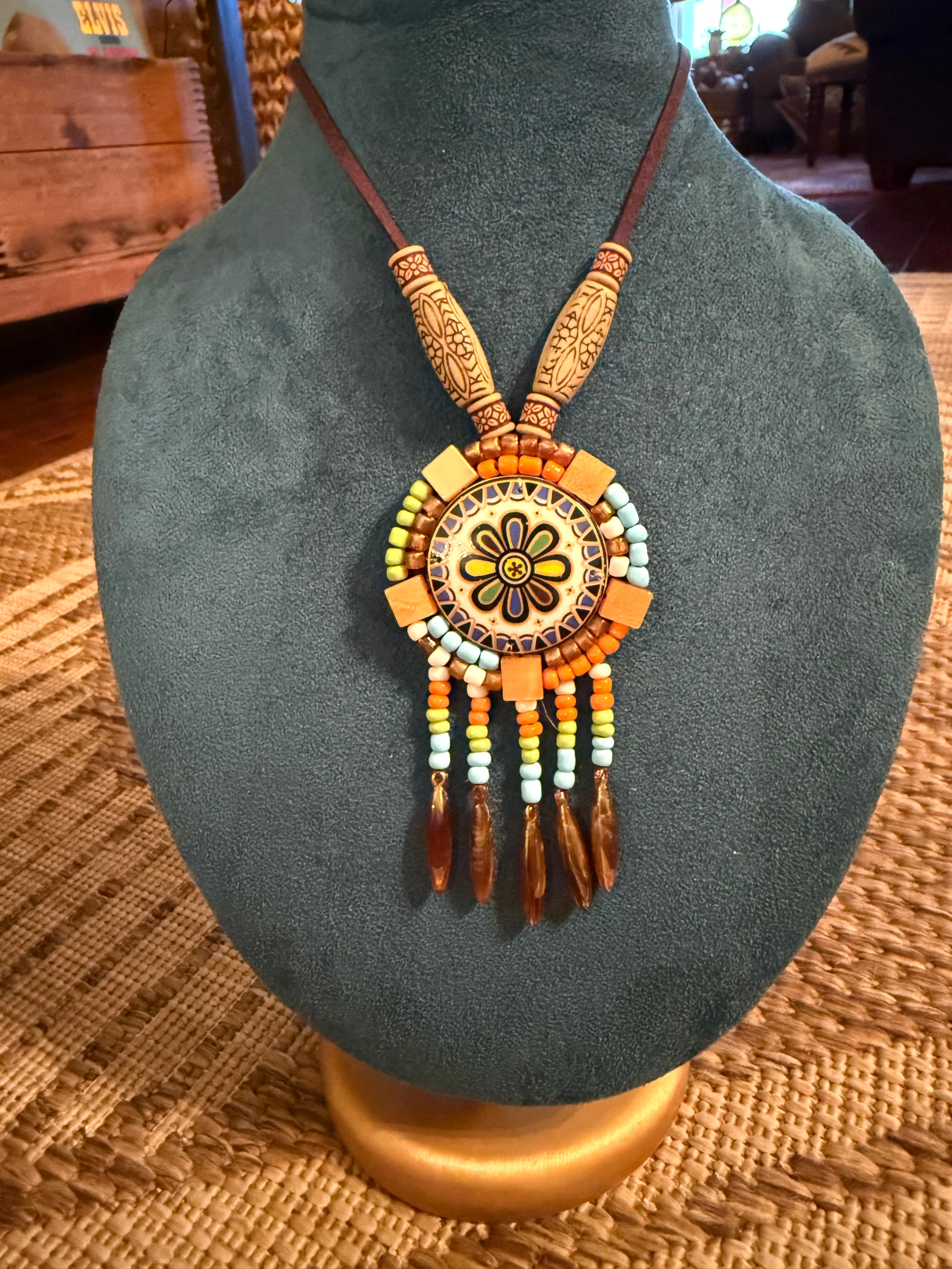 Southwestern Style Beaded Necklace with Ceramic Floral Medallion