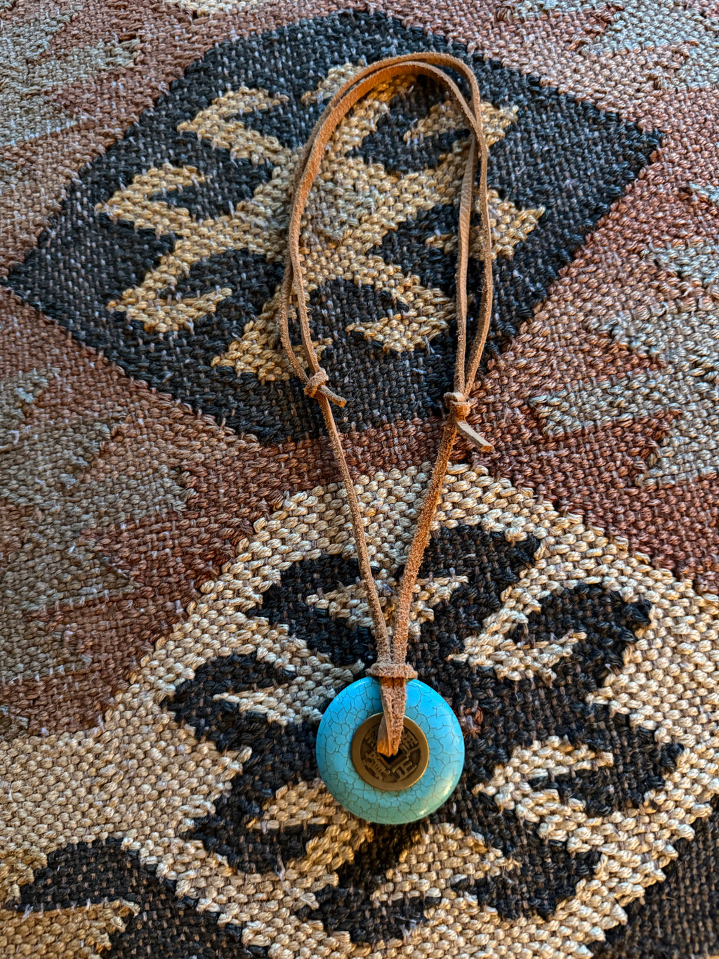 Turquoise Donut Pendant on Soft Leather Adjustable Cord Necklace