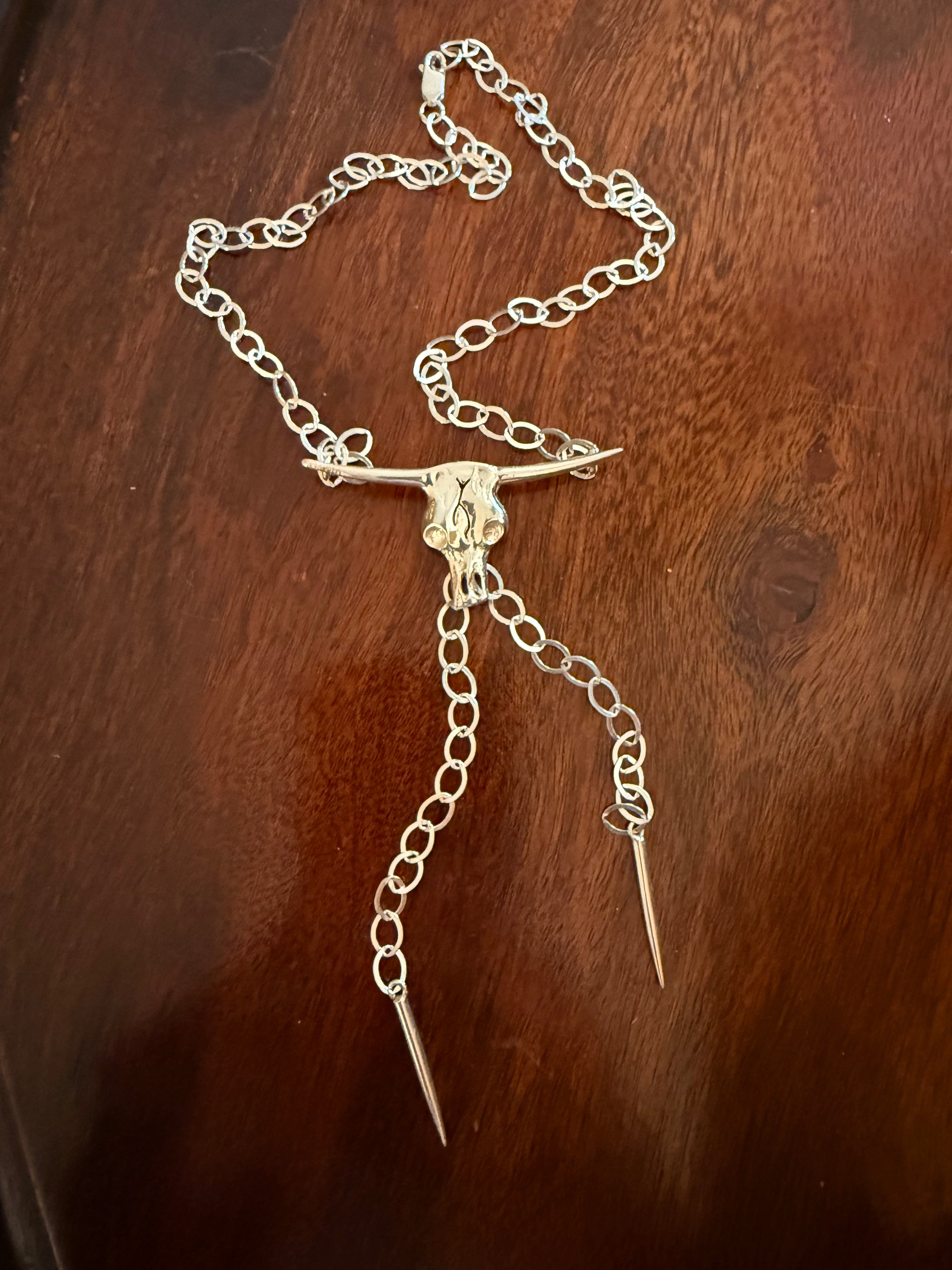 Roberta Vallina Sterling Silver Longhorn Skull Lariat Necklace with Spike Pendants