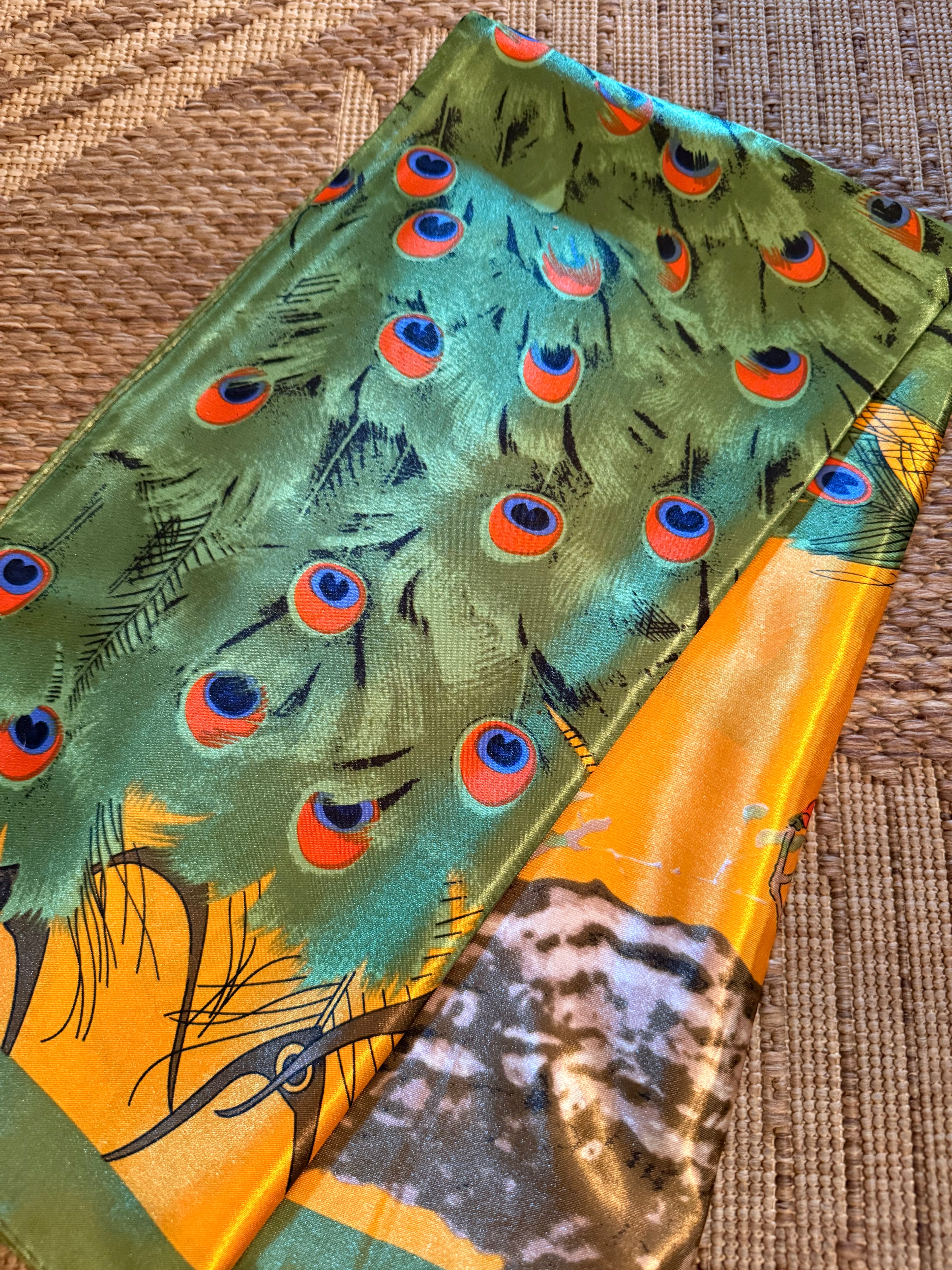 Silk Blend Square Peacock Print Scarf
