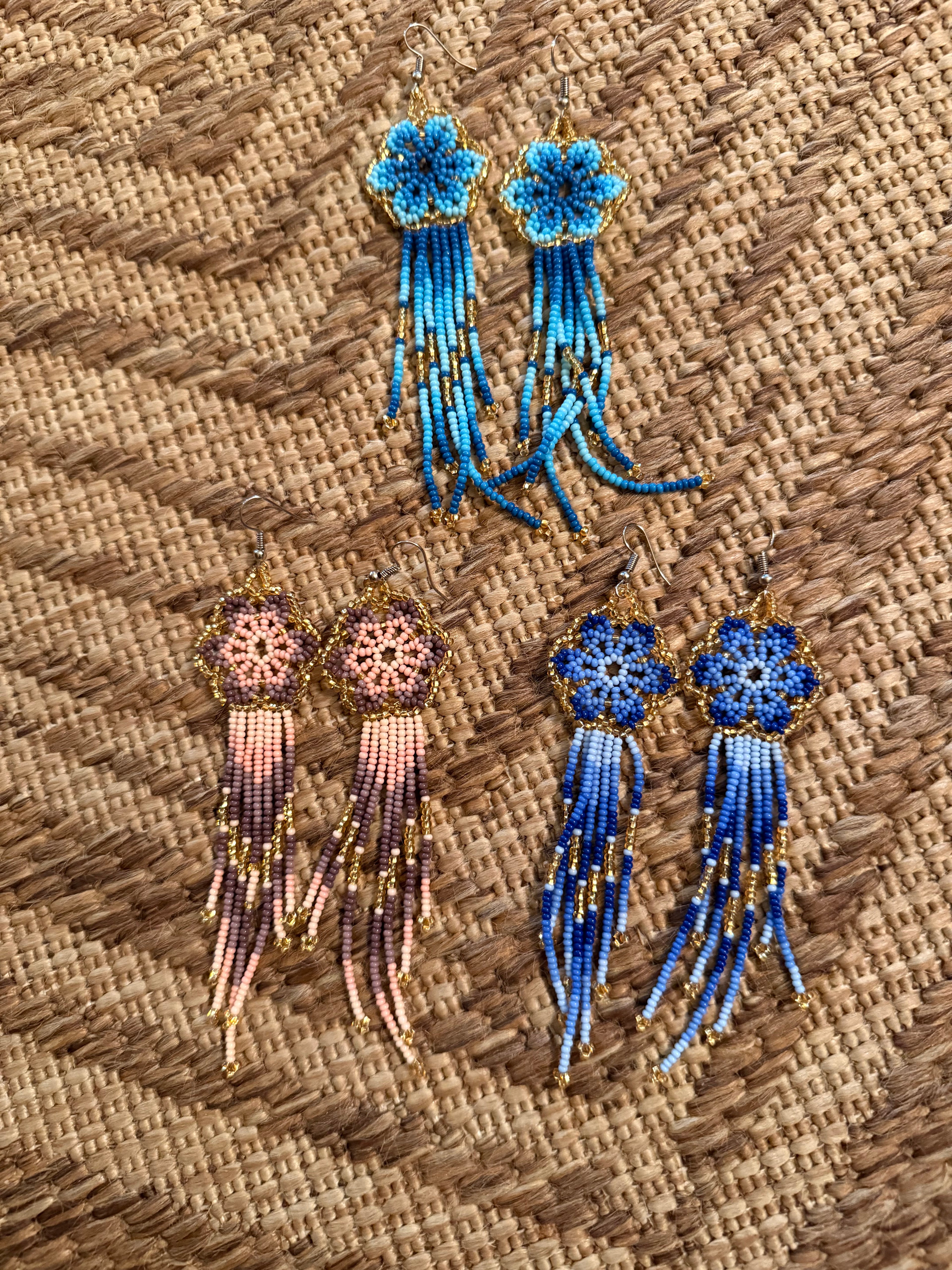 Wildflower Turquoise Blue & Gold Fringe Beaded Earrings