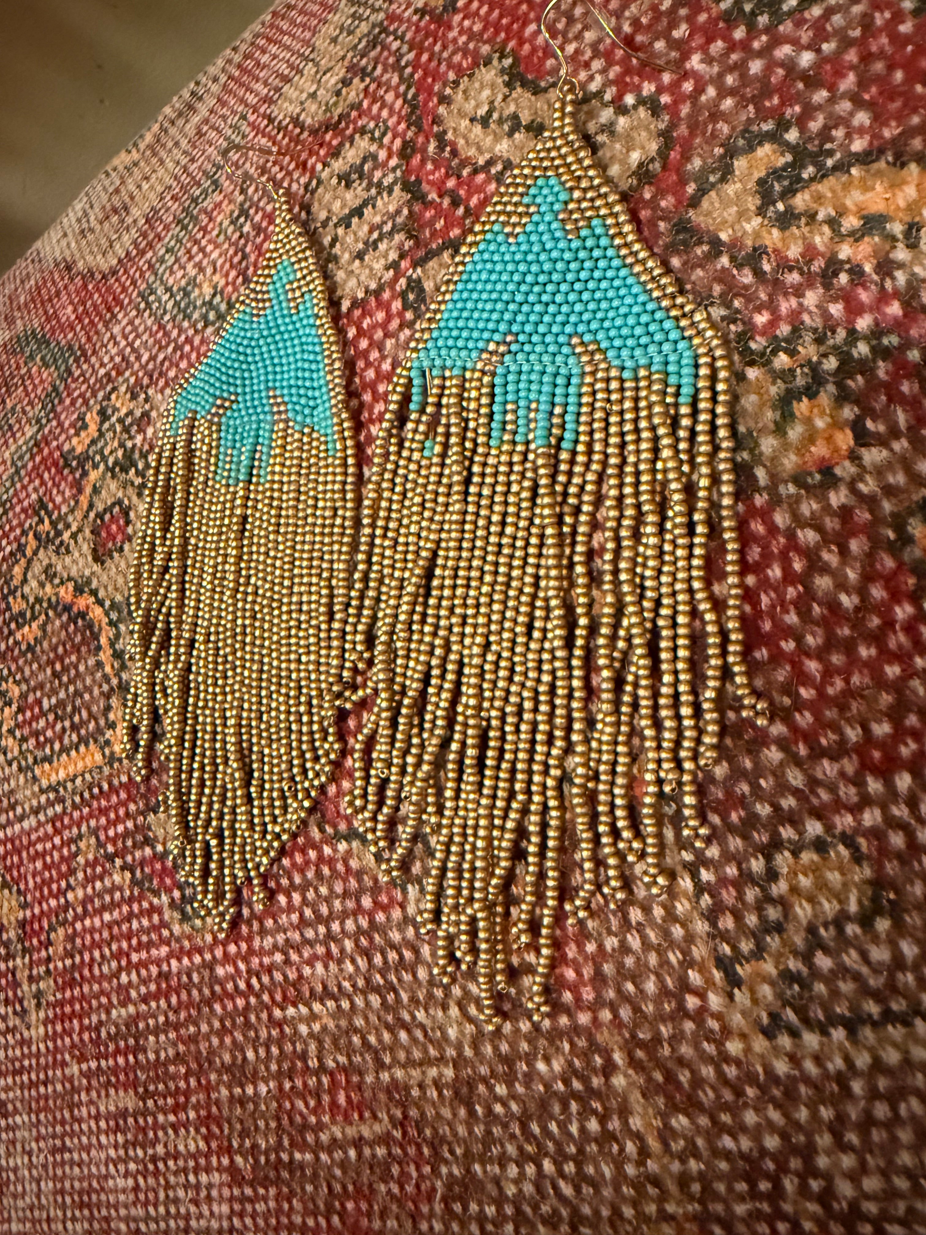 Turquoise and Gold Beaded Thunderbird Earrings