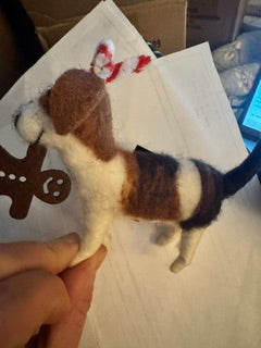 Wool Beagle Ornament with Candy Cane Antlers w GM