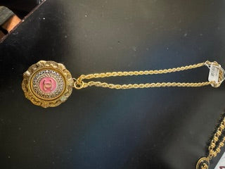 EKD -  Gold Chain with Large Gold & Silver Pendant with Pink Chanel Logo