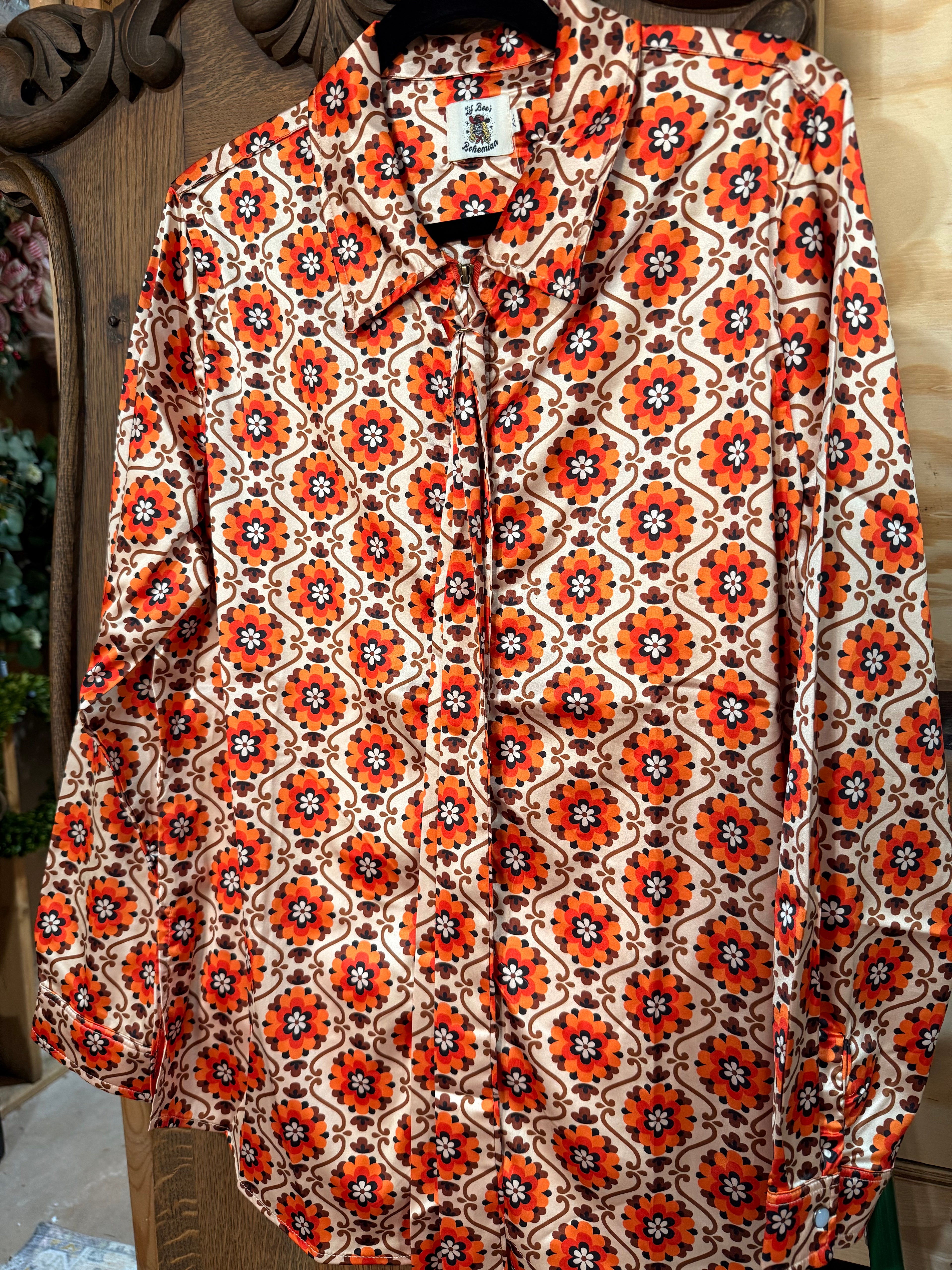 Orange Satin Zip Front Blouse