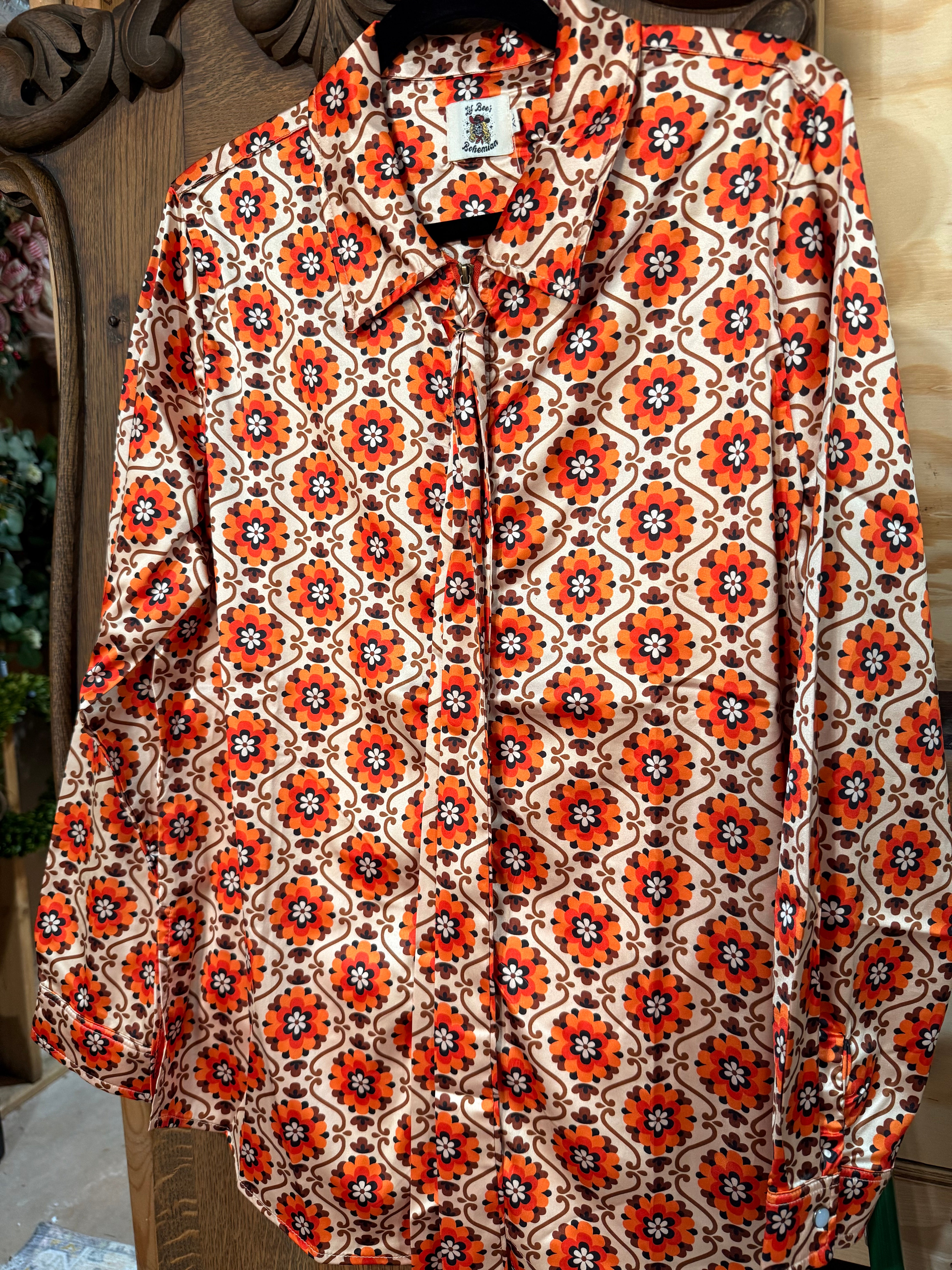 Orange Satin Zip Front Blouse