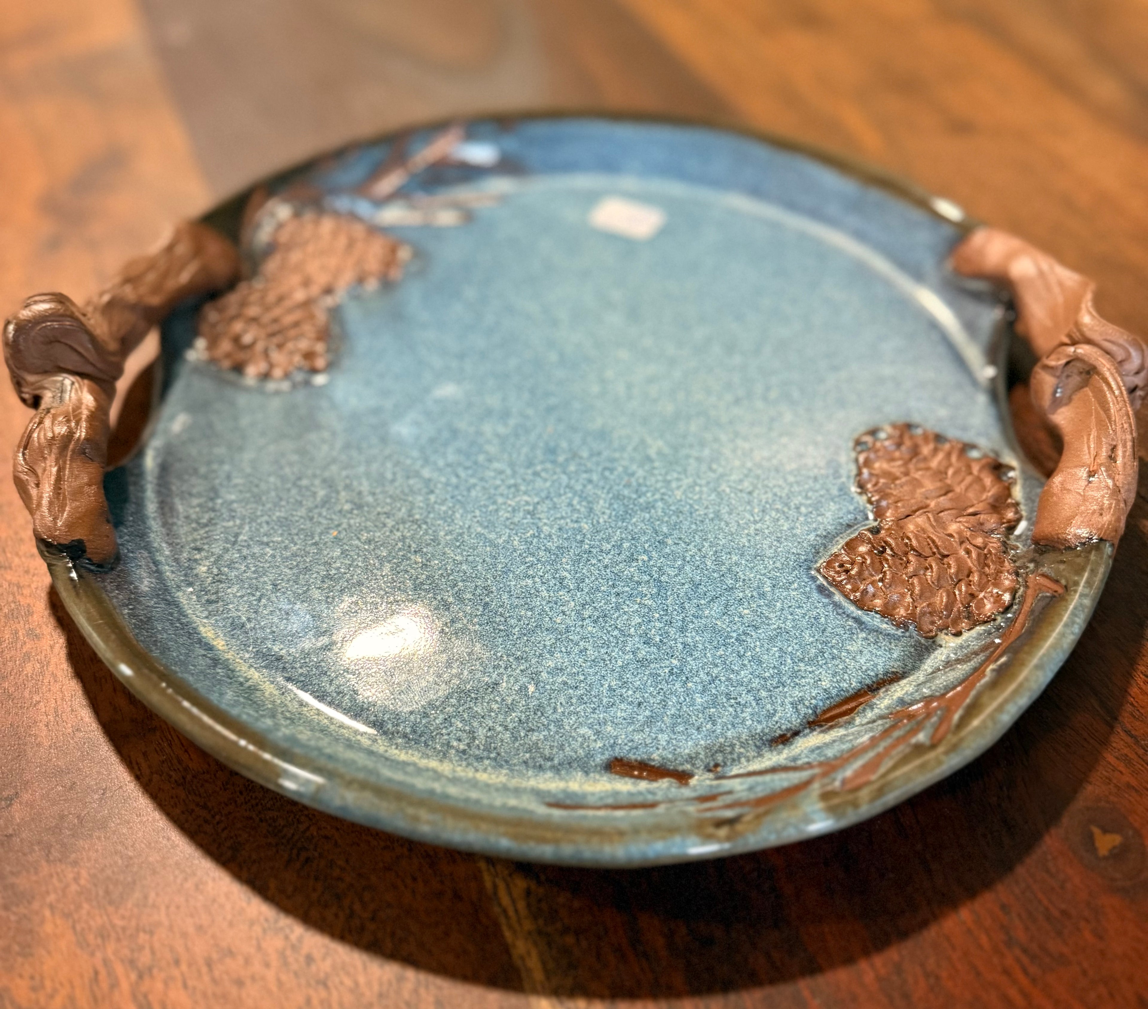 Handcrafted Decorative Plate with Leaf Motif with Twisted Handles