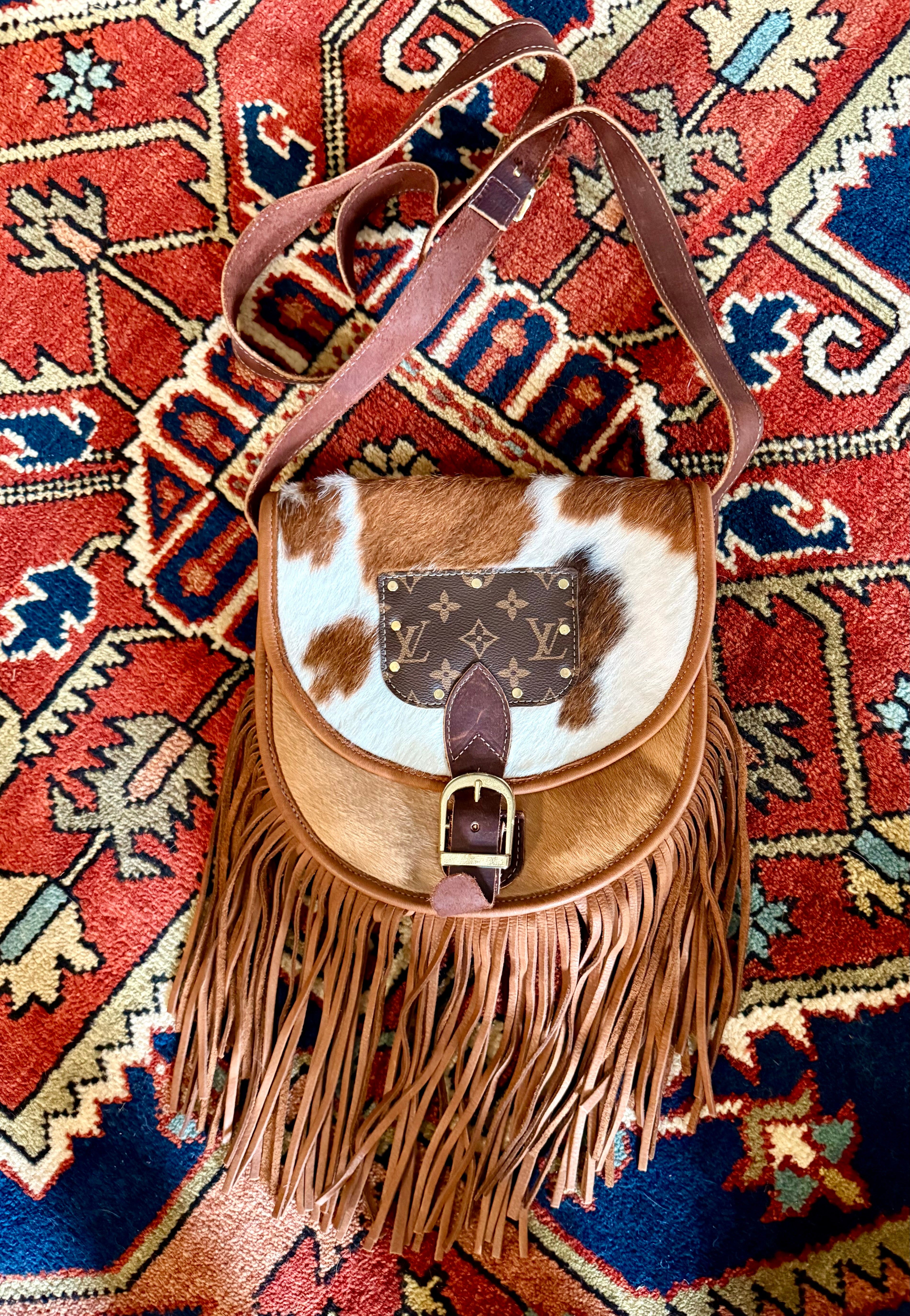 Cowhide and Leather Crossbody Bag with Fringe Details