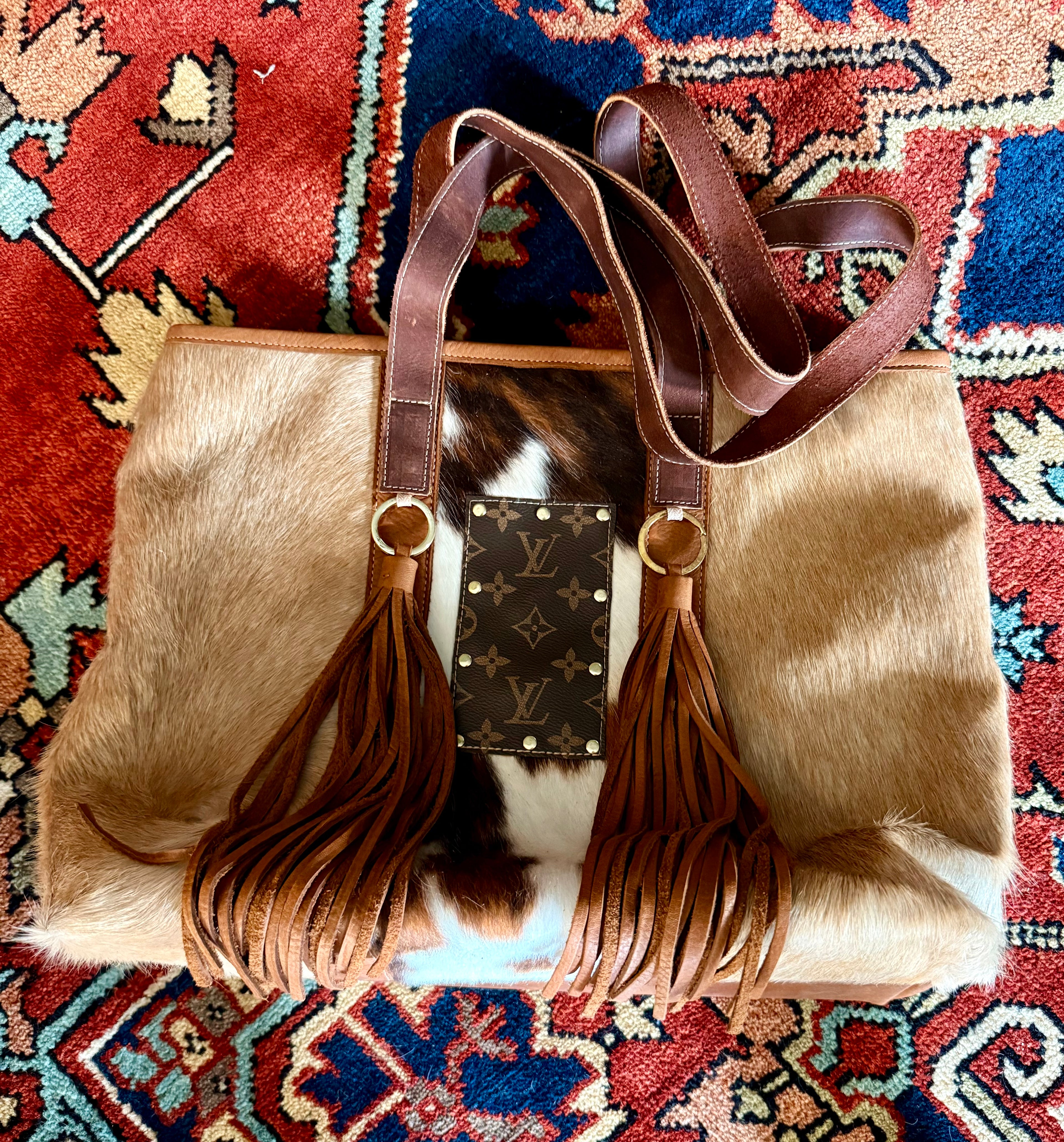 Cowhide and Leather Bag with Fringe Tassels