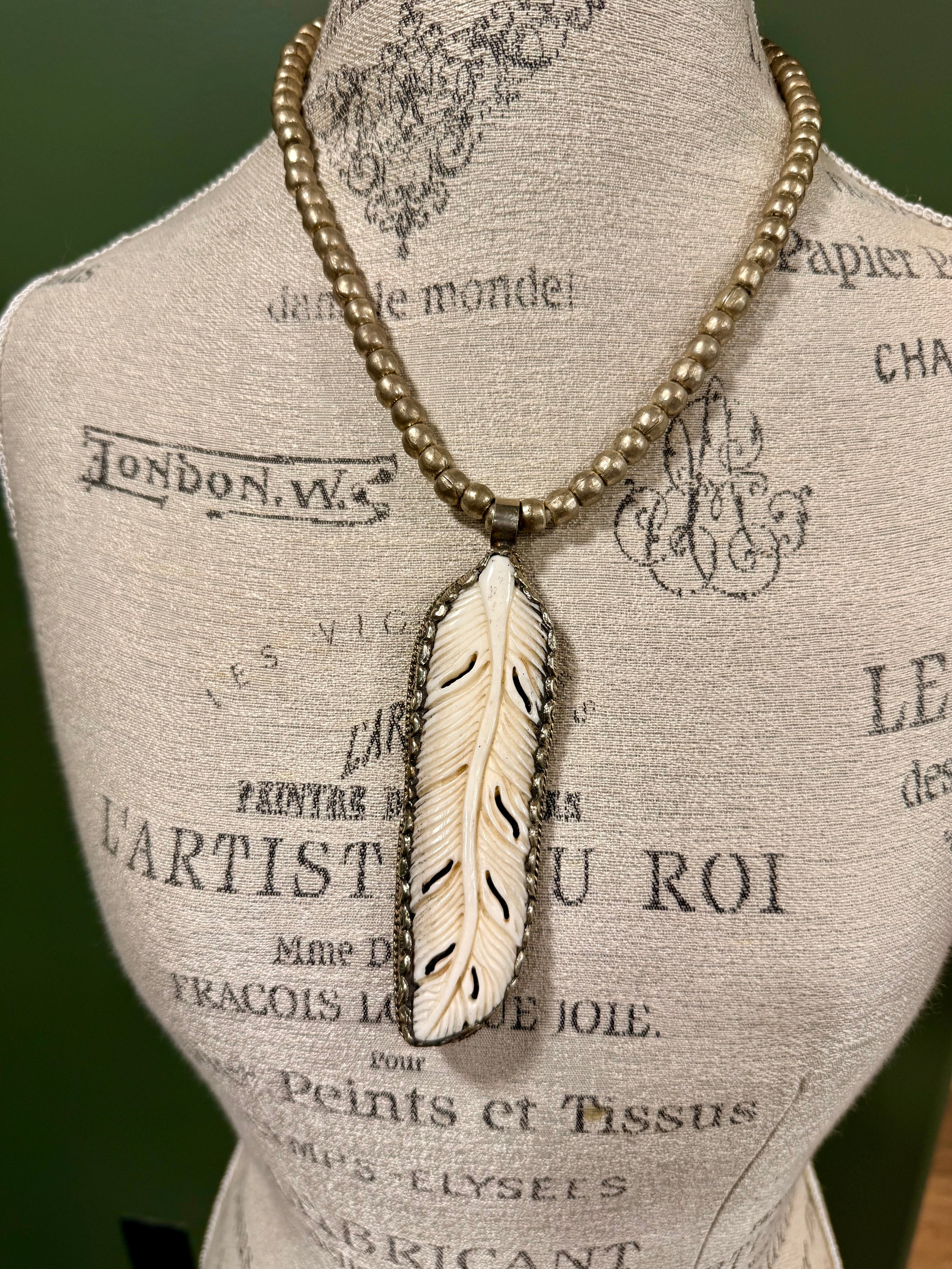 Carved Bone Feather Pendant Silver Statement Necklace