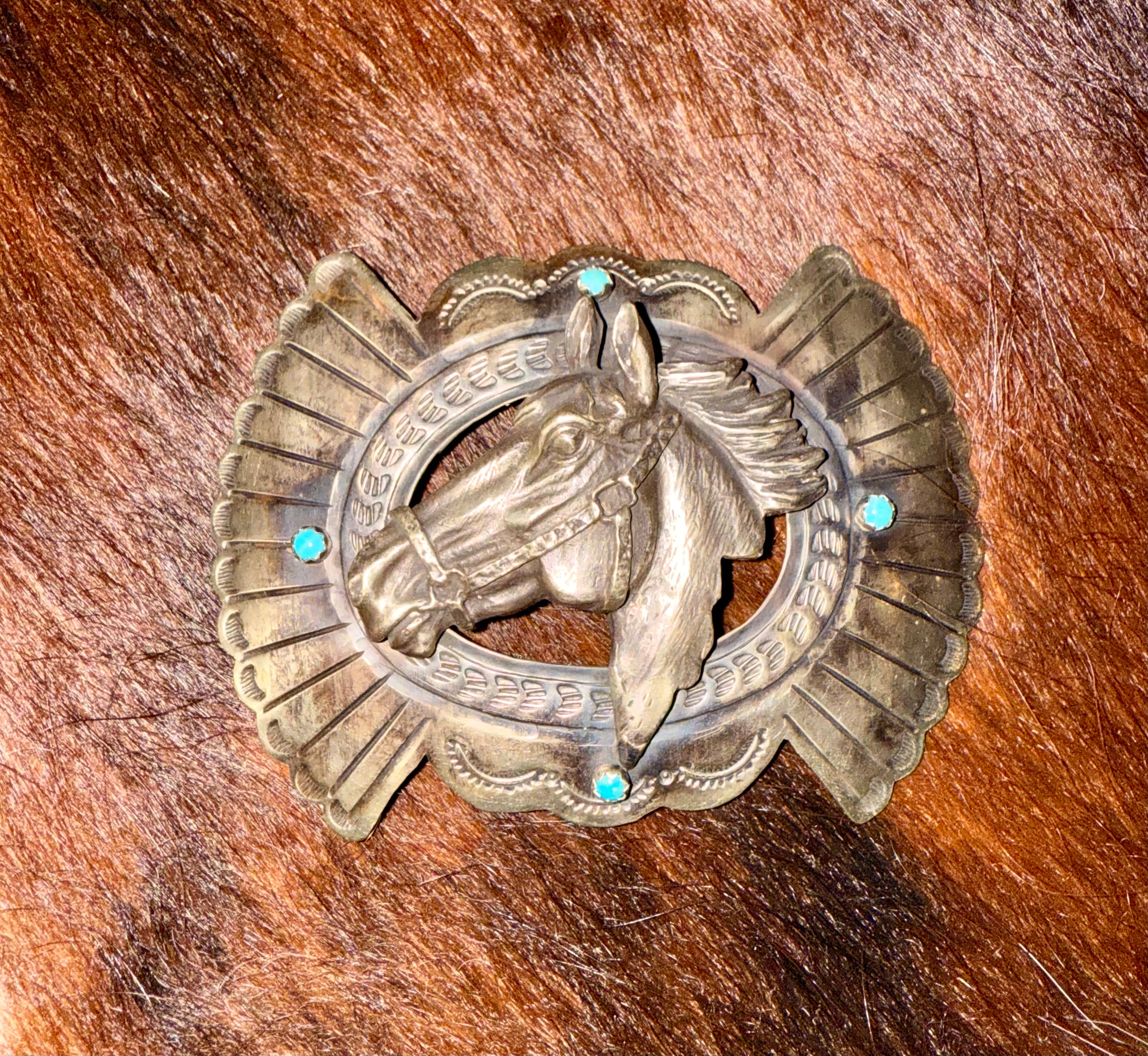 Silver Horse Head and Turquoise Belt Buckle