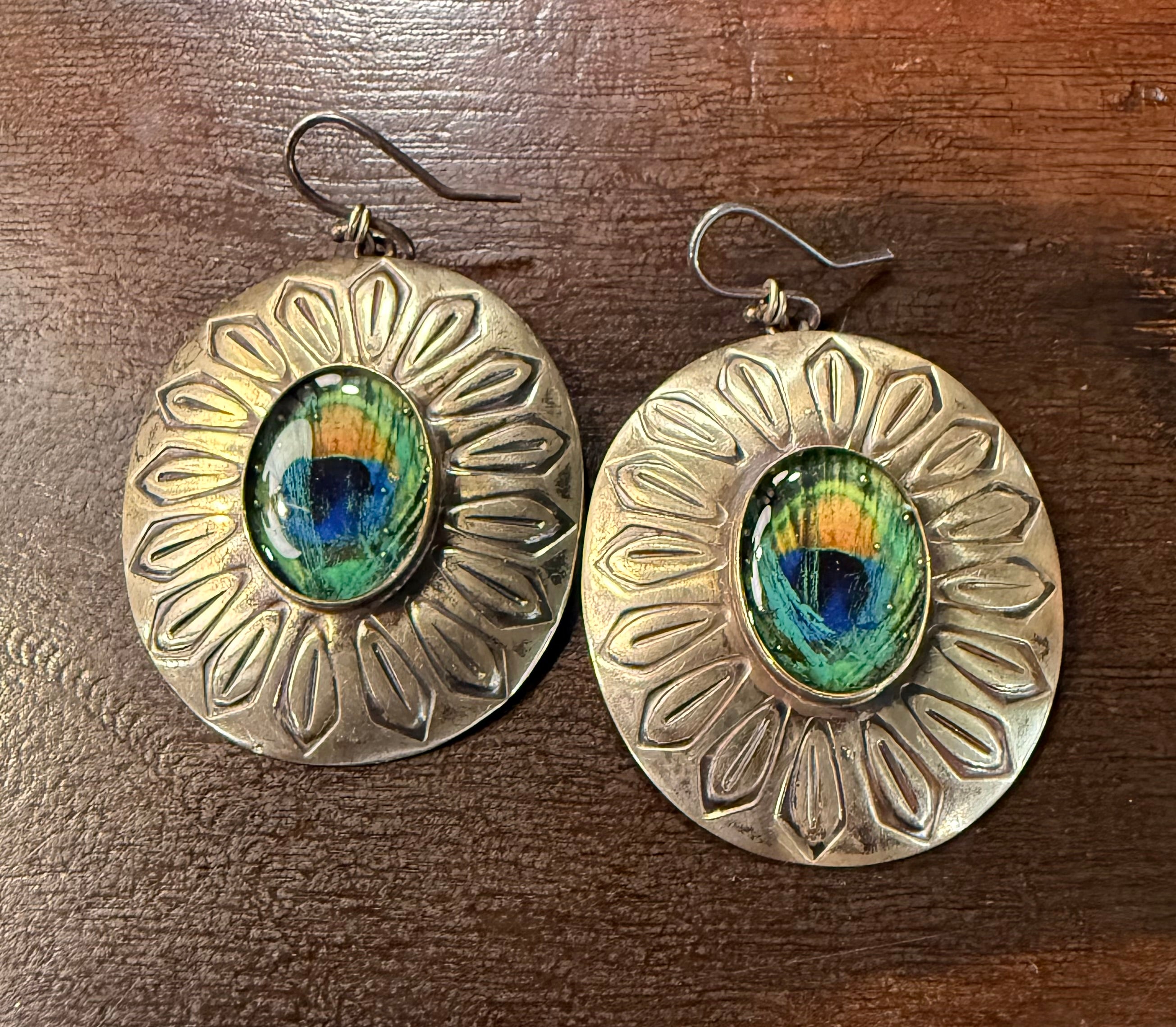 Sterling Silver Peacock Cabochon Earrings