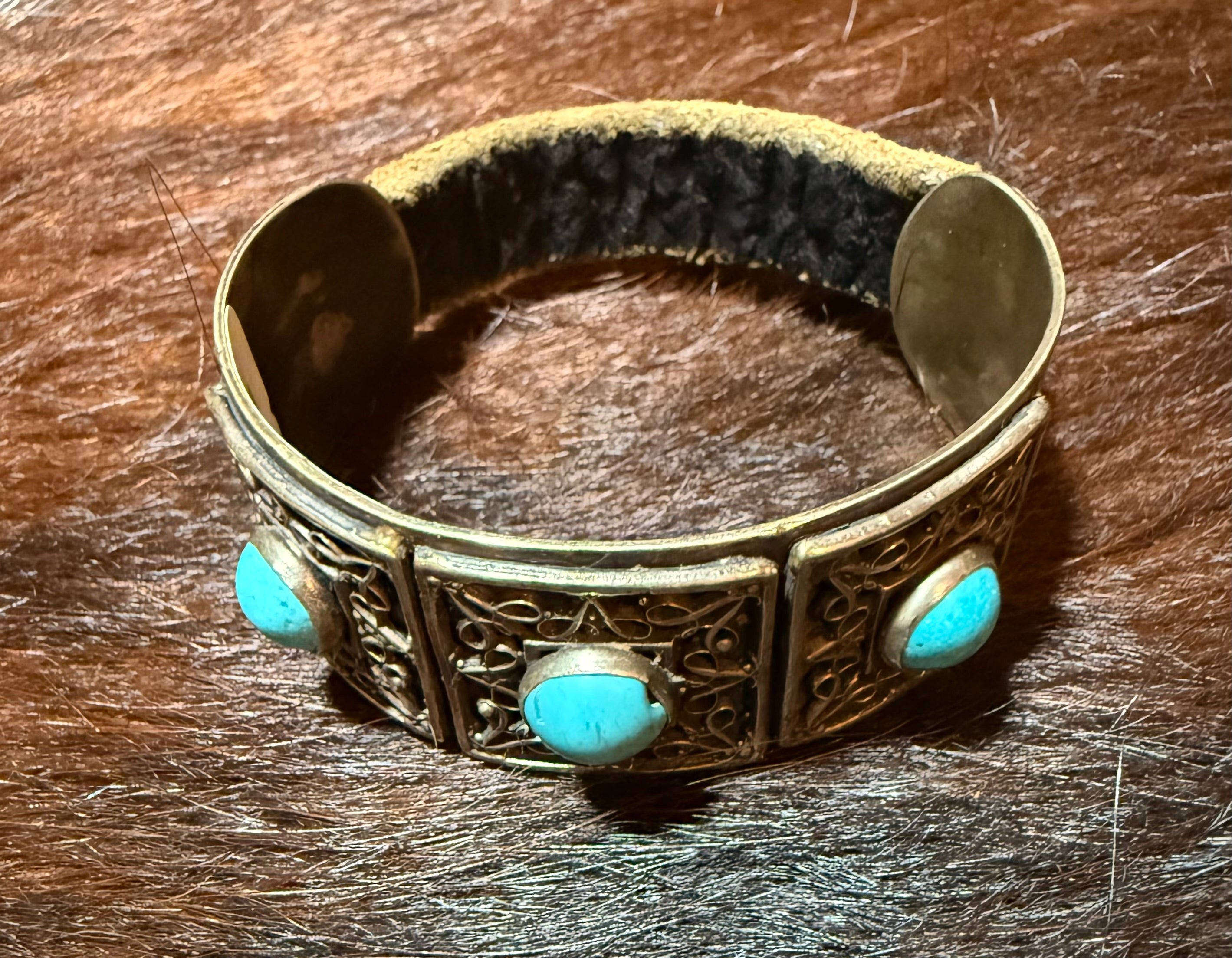 Silver Cuff Bracelet with Turquoise Cabochons and Filagree Designs