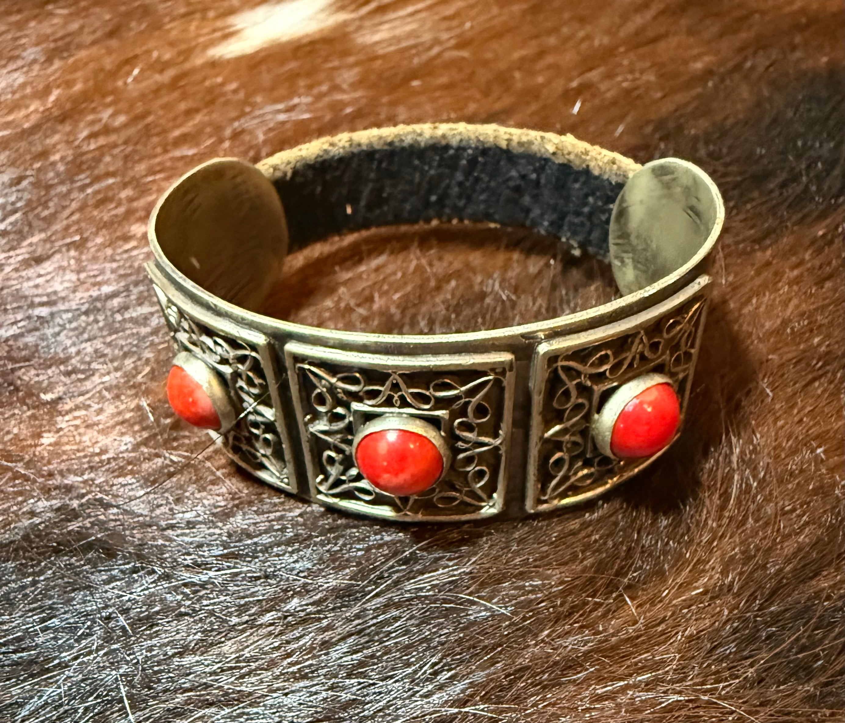 Silver Cuff Bracelet with Coral Cabochons and Filagree Designs
