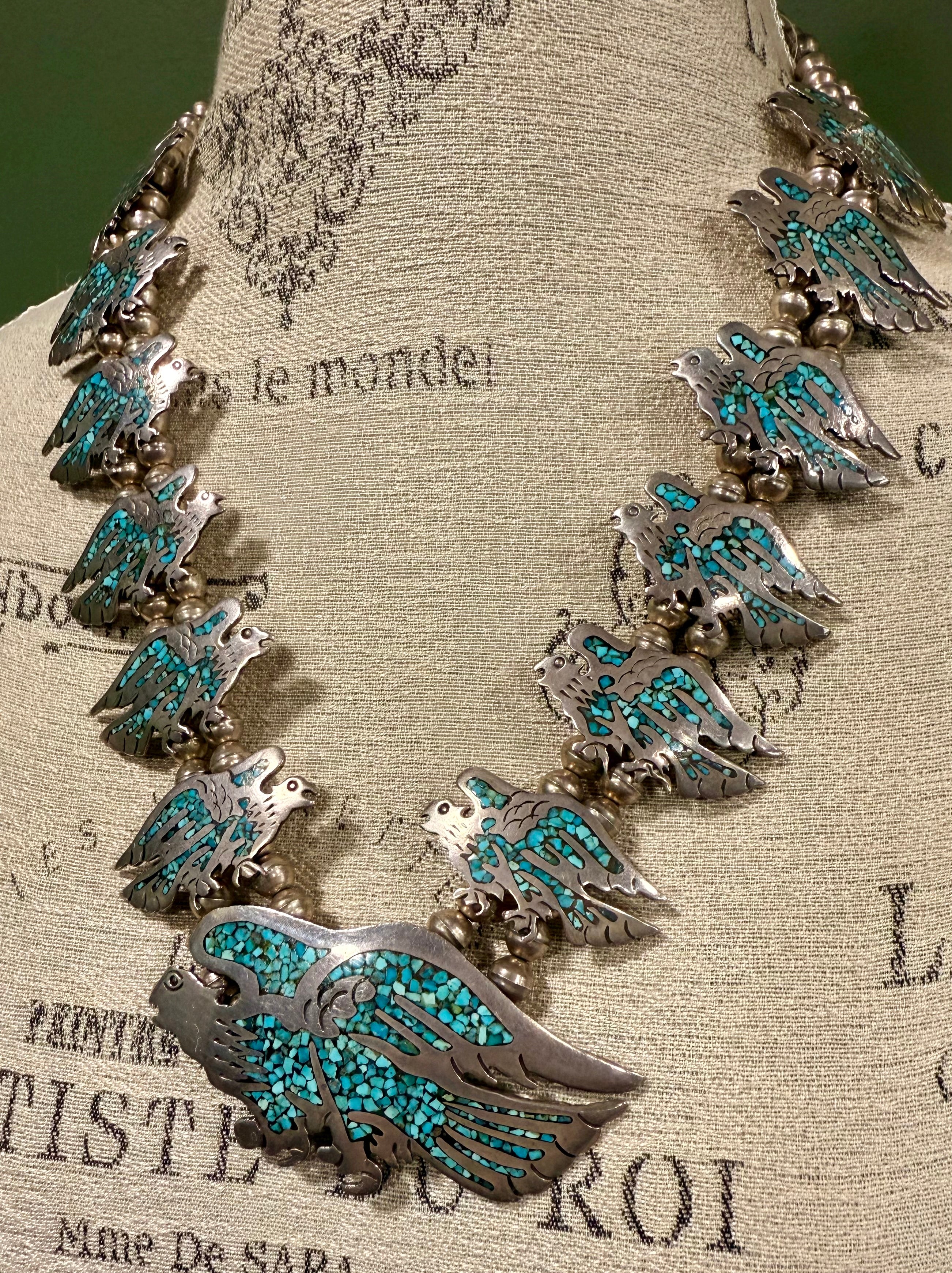 Sterling Silver Thunderbird Turquoise Statement Squash Blossom Necklace