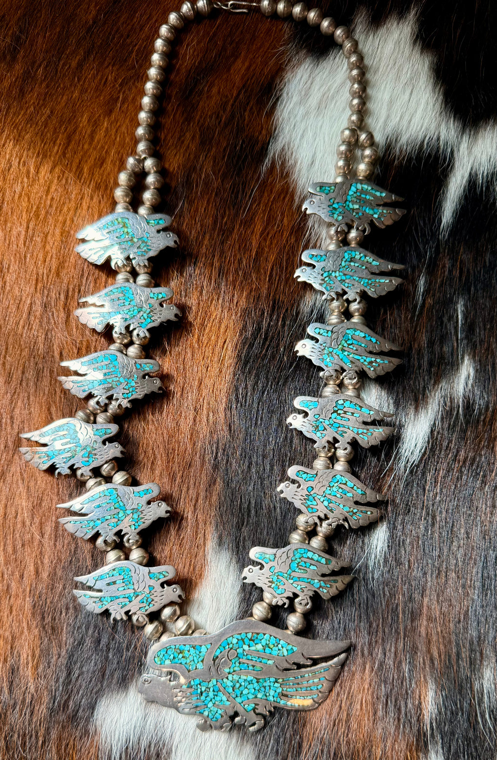 Sterling Silver Thunderbird Turquoise Statement Squash Blossom Necklace