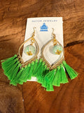 Green Porcelain Bead and Tassel Earrings