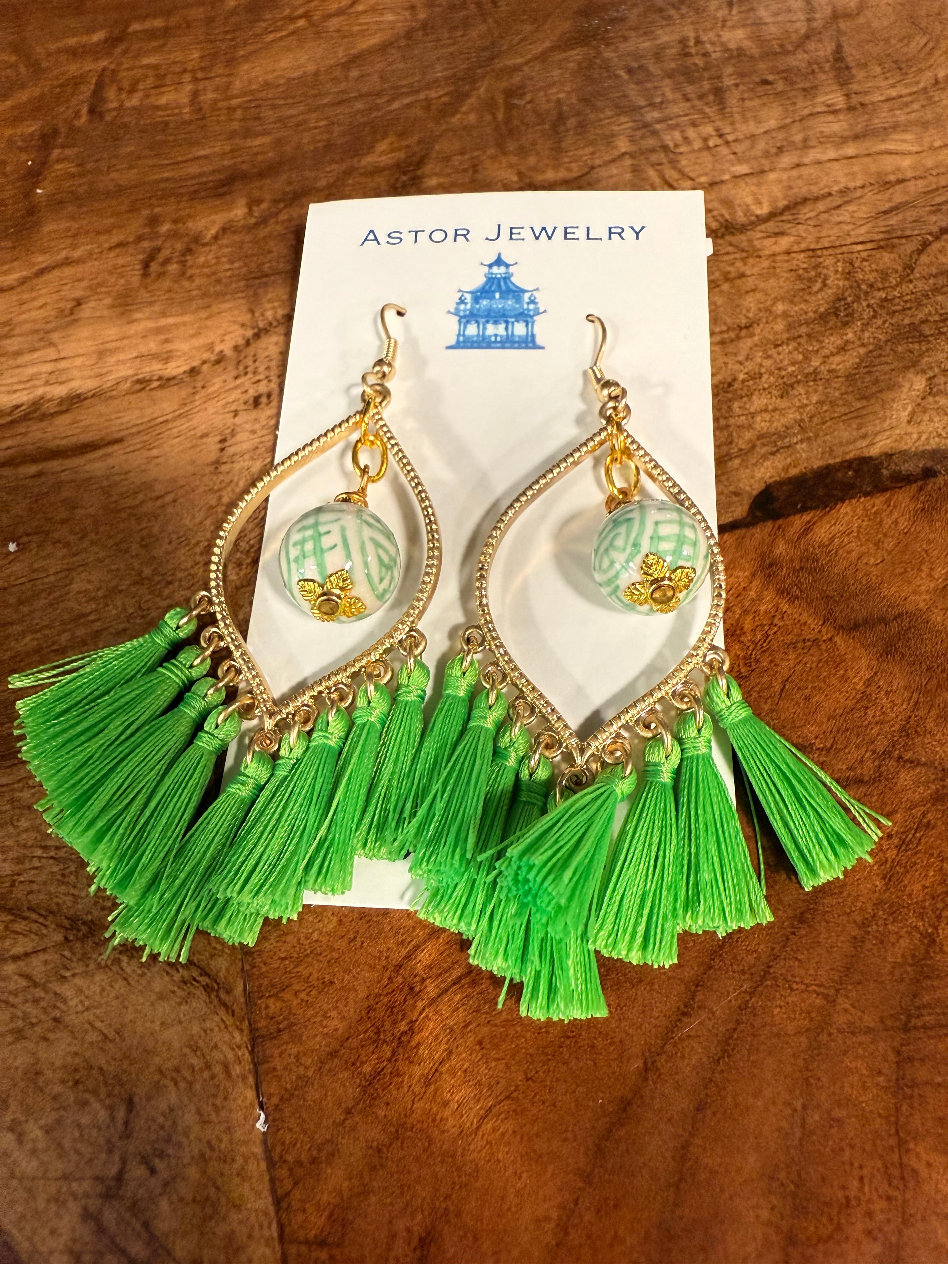 Green Porcelain Bead and Tassel Earrings