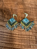 Handcrafted Statement Earrings with Chrysocolla Crystals and Glass Bead Fringe