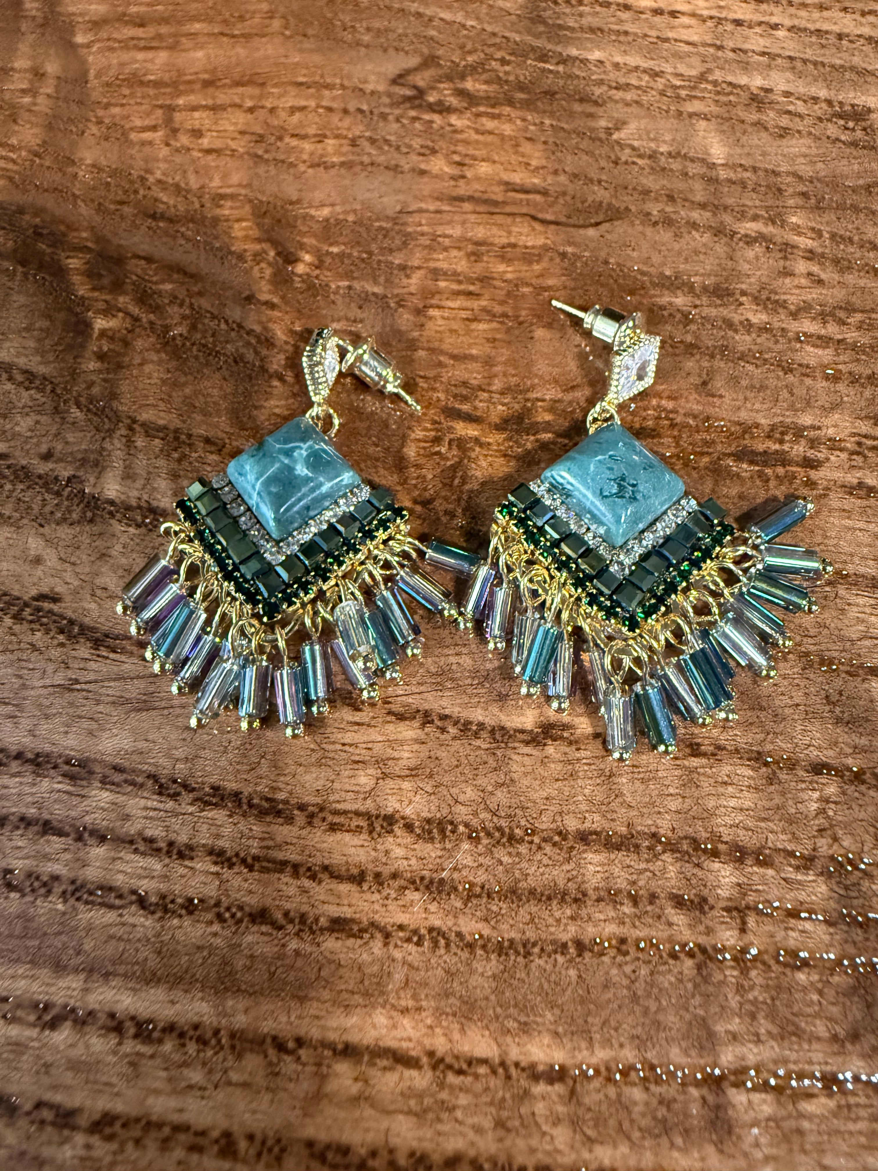 Handcrafted Statement Earrings with Chrysocolla Crystals and Glass Bead Fringe