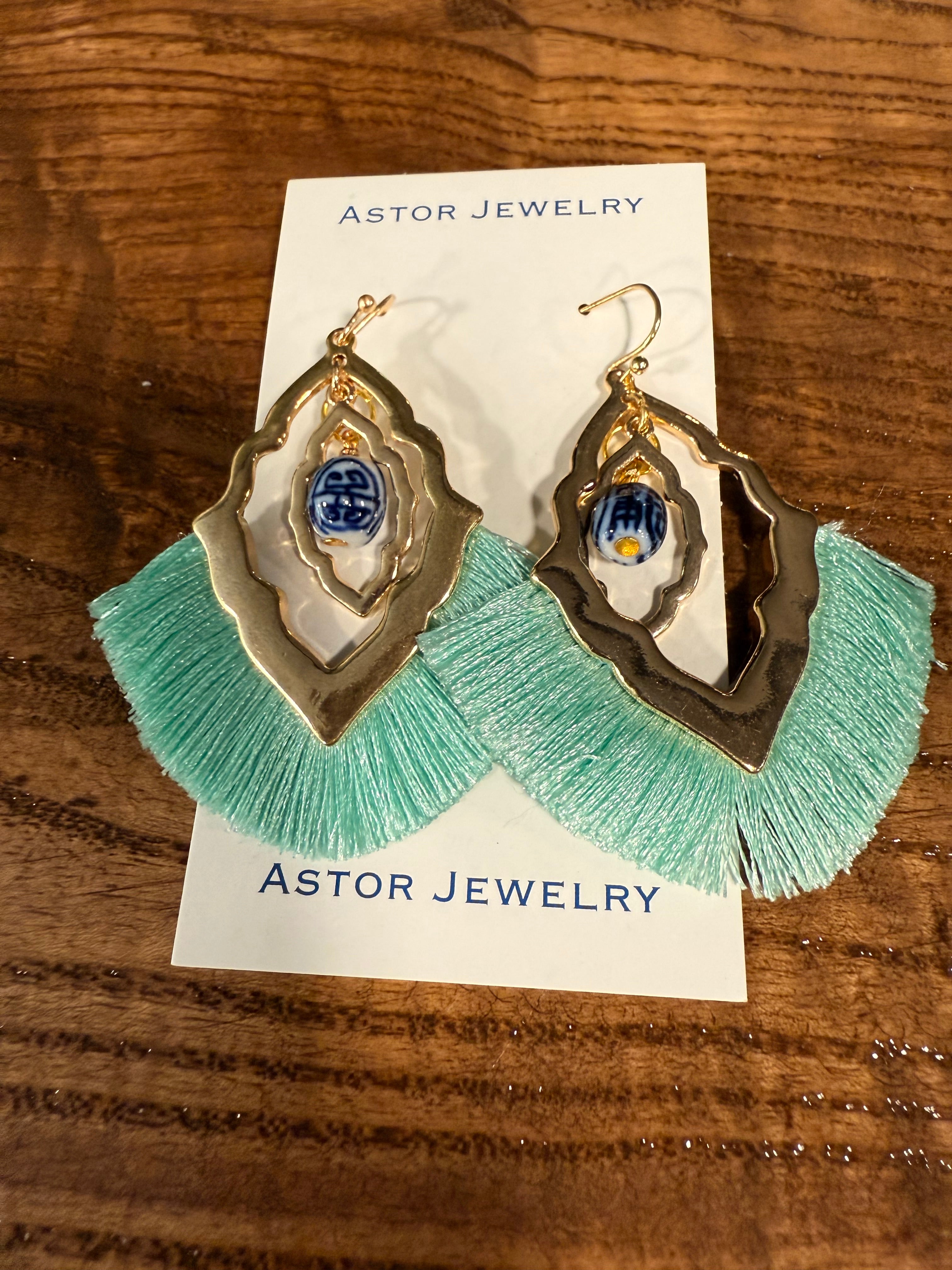 Gold Earrings with Blue Porcelain Beads and Aqua Fringe