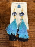 Blue Tassel and Porcelain Bead Earrings