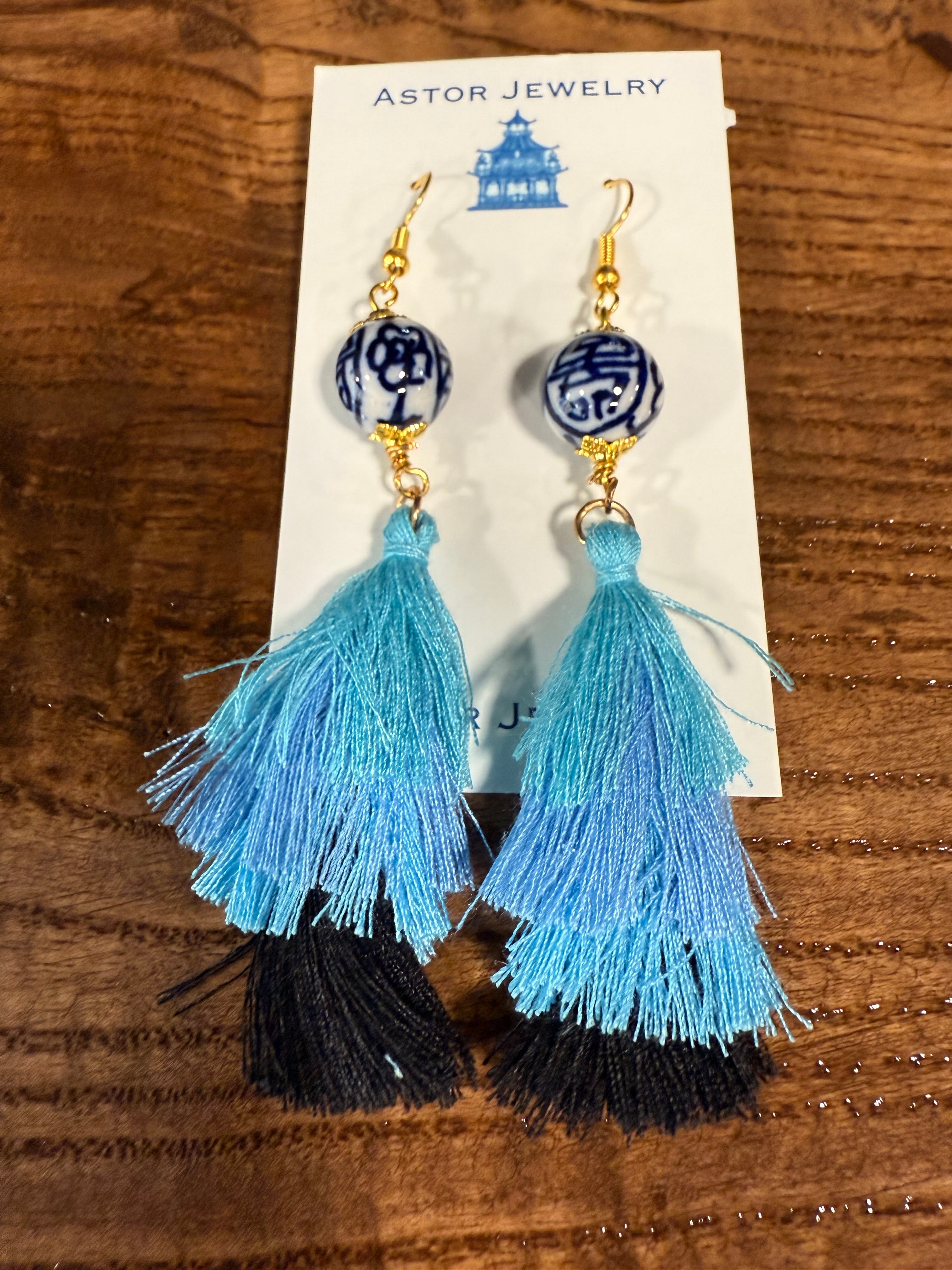 Blue Tassel and Porcelain Bead Earrings