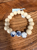 Wooden Bead and Blue Porcelain Beaded Bracelet