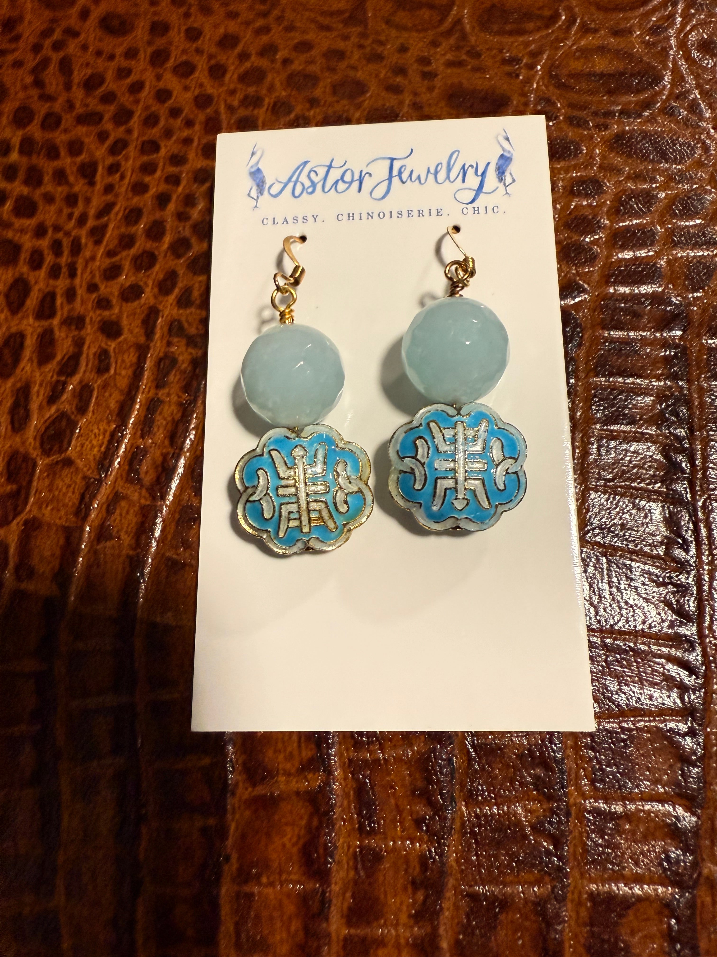 Cloisonne and Jade Earrings with Chinese Goo Fortune Symbol