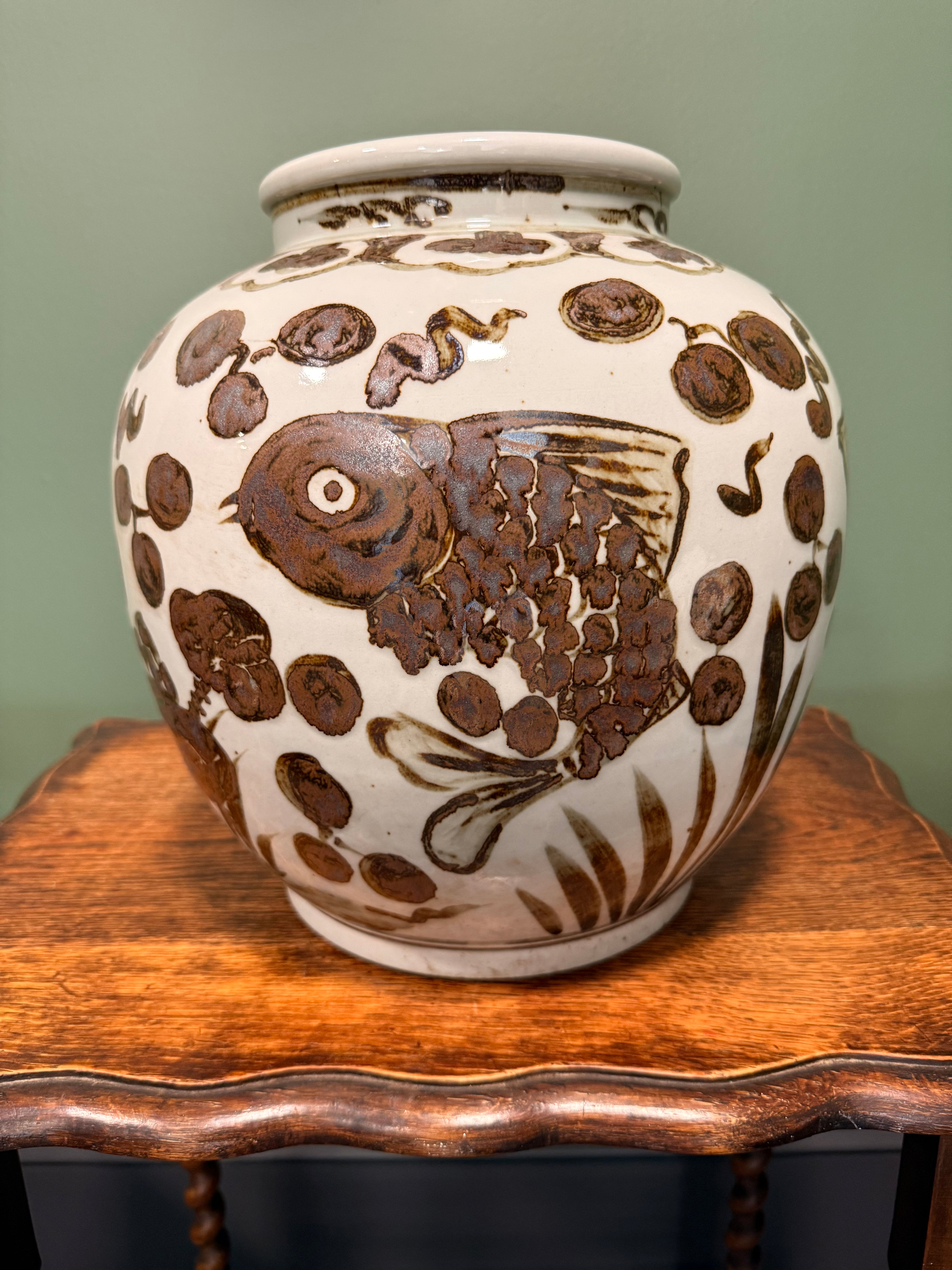 Stoneware Ginger Jar with Brown Fish Motif
