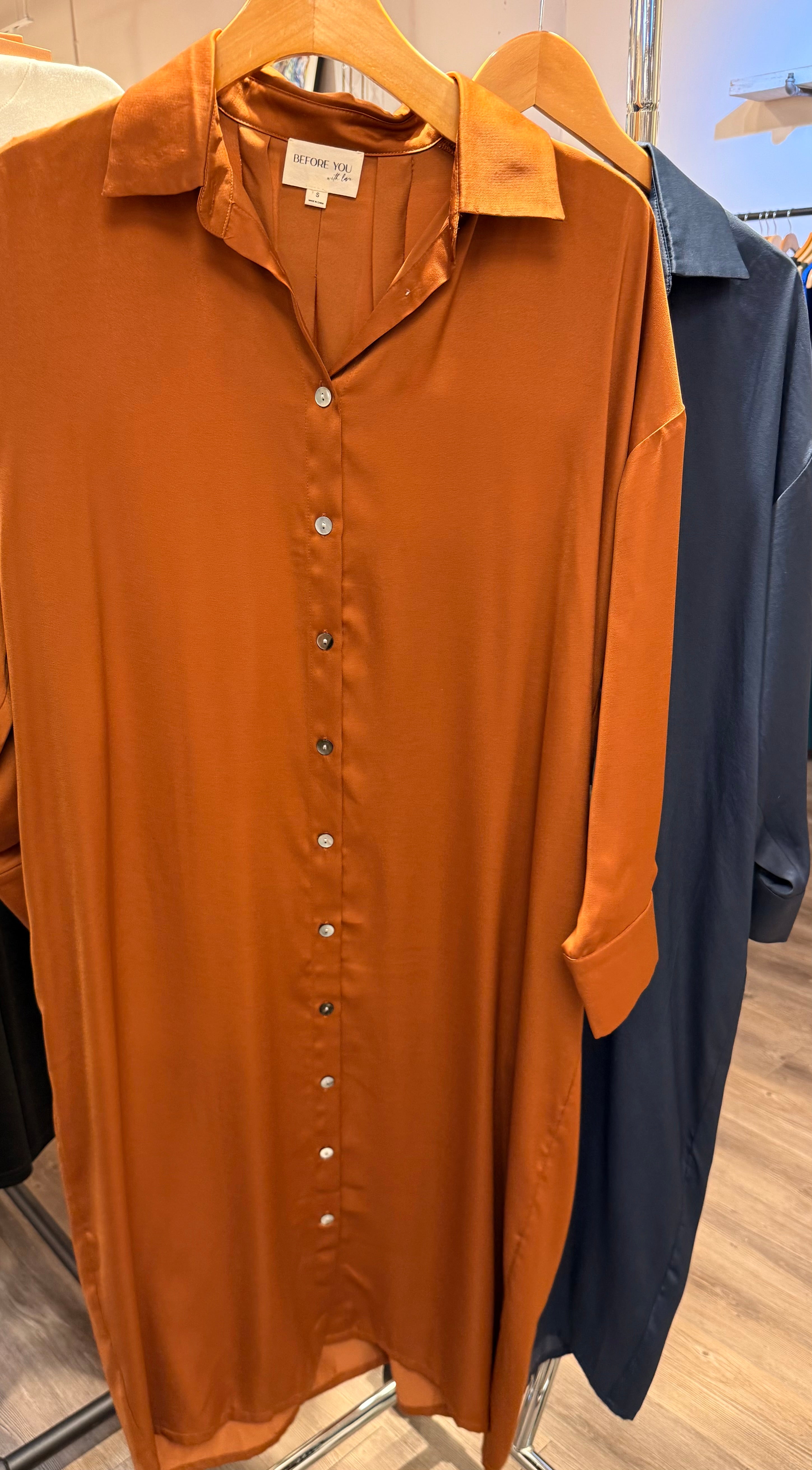 Soft Sheen Satin Button Up Shirt Dress