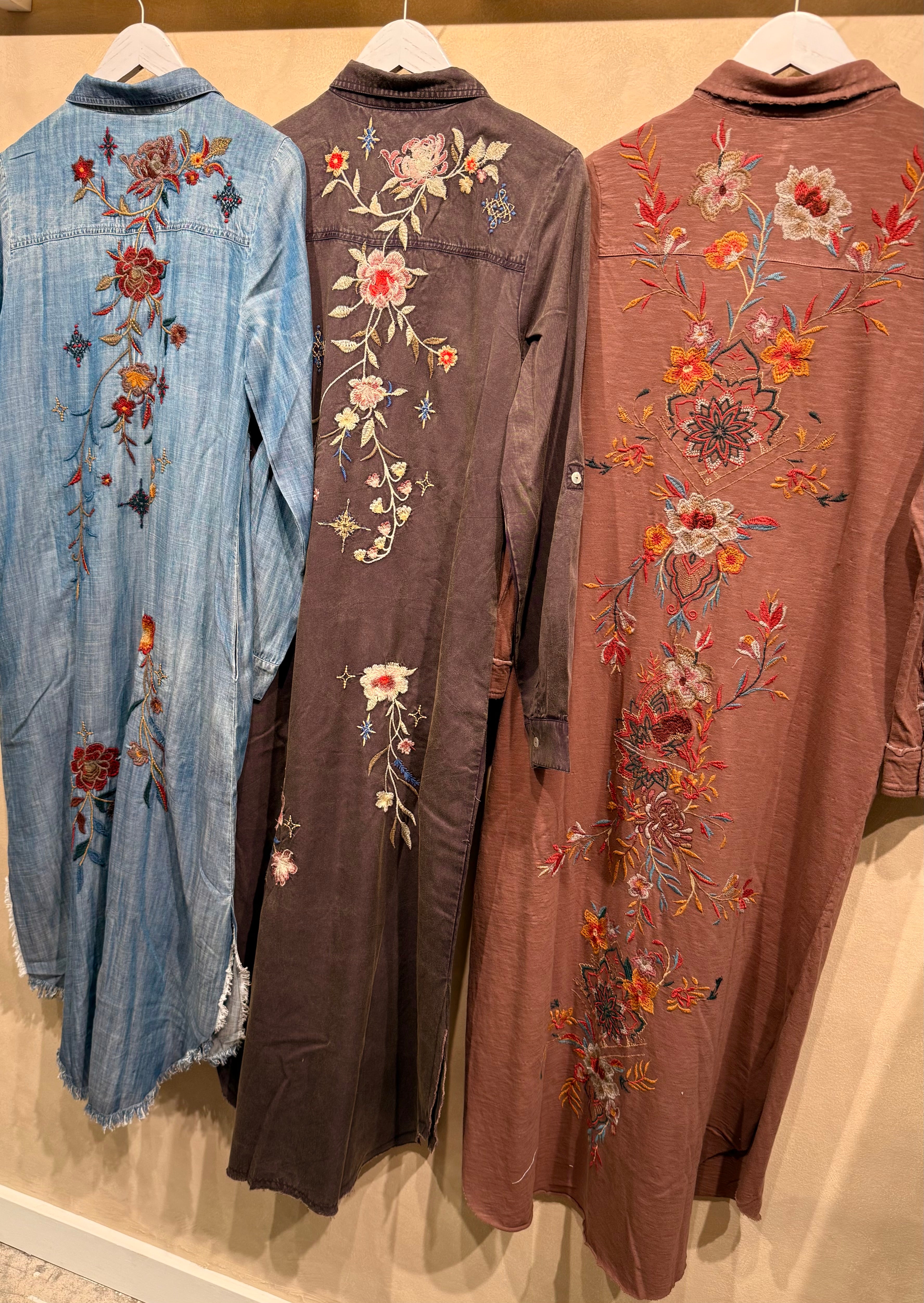 Savina Button Front Embroidered Denim Dress