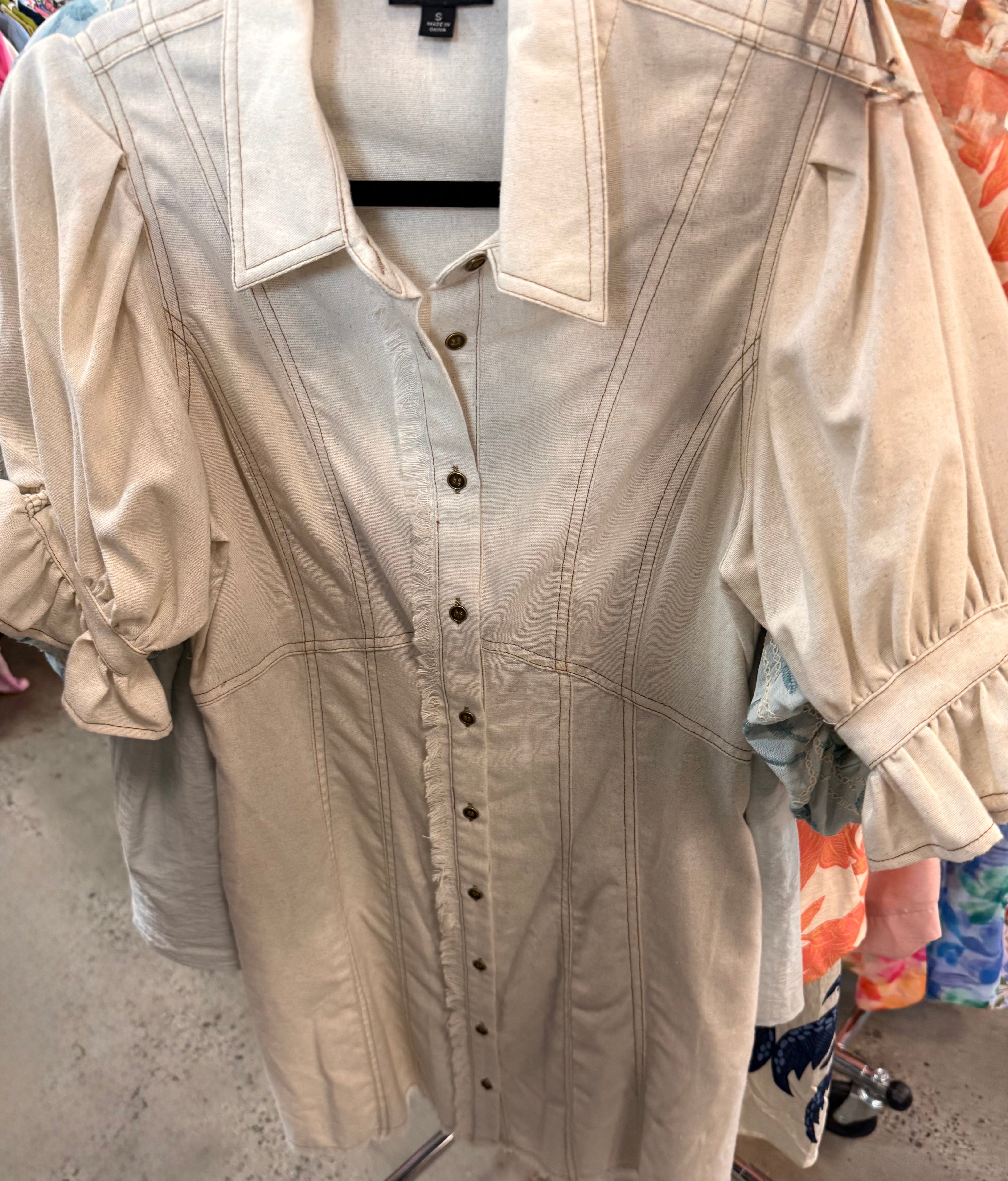 Linen Button Down Puff Sleeve Western Frayed Edge Mini Dress