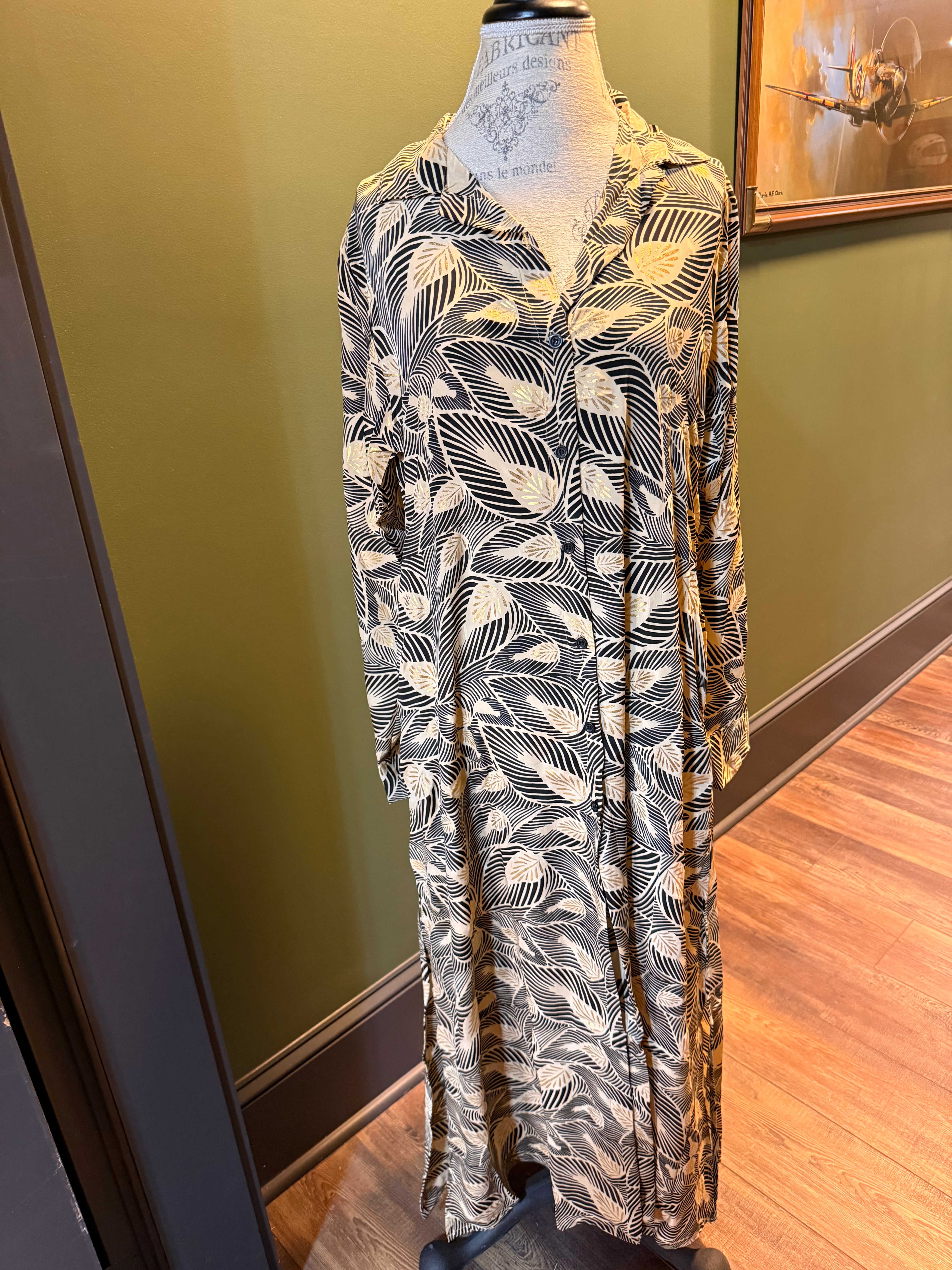 Gold & Black Palm Leaf Button Up Shirt Dress