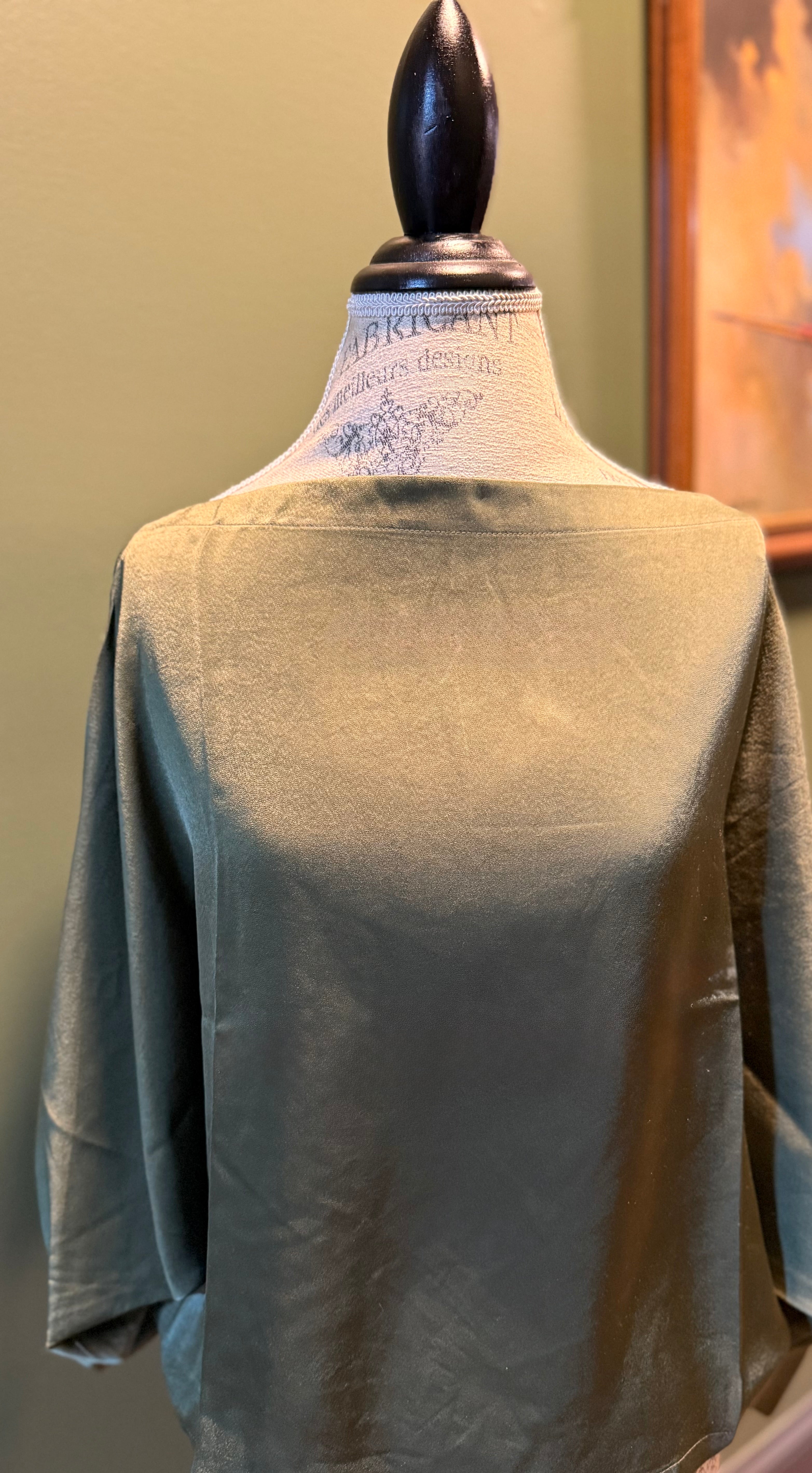 Olive Satin Boat Neck Dolman Blouse