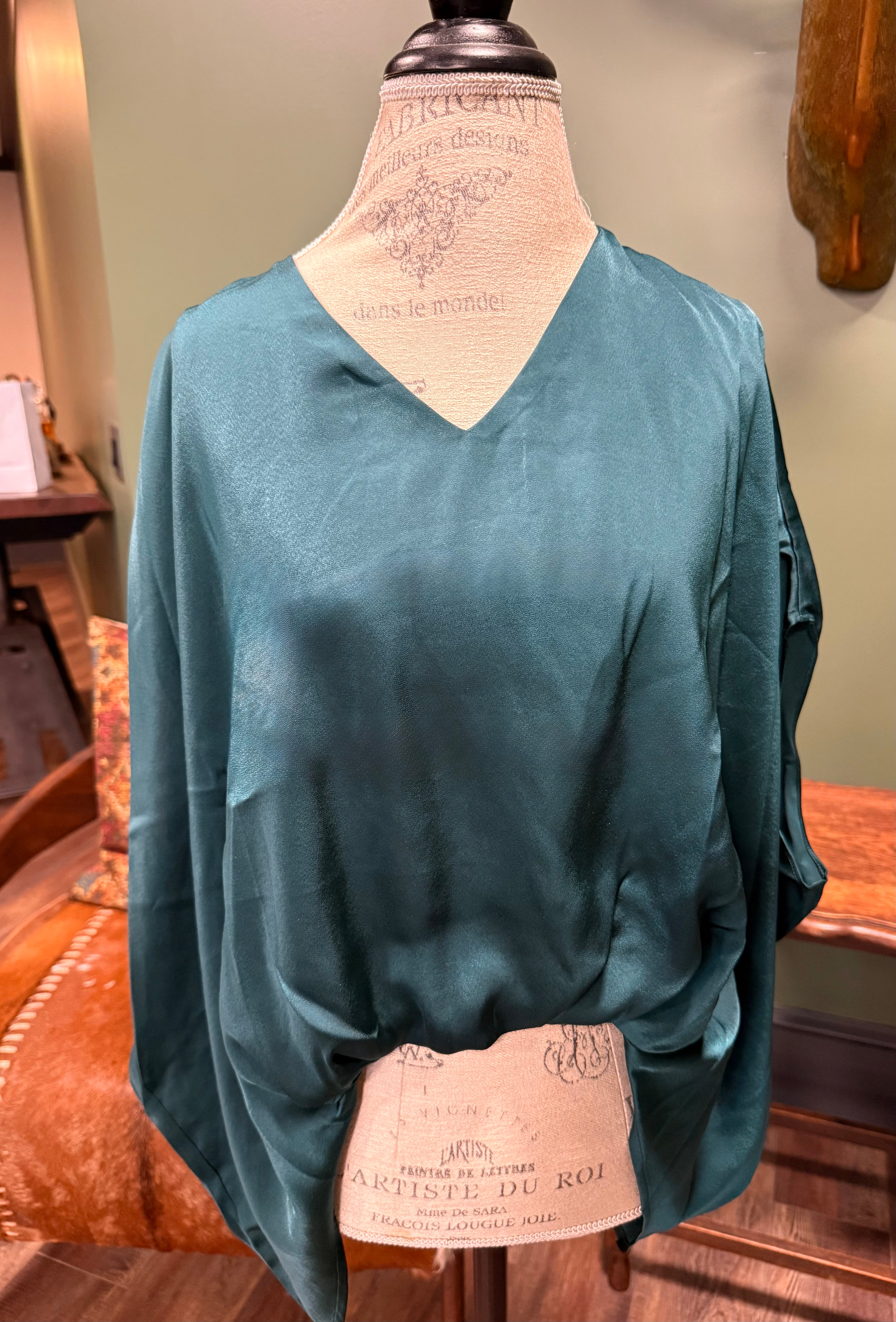 Emerald Satin Vneck High Low Flowy Blouse