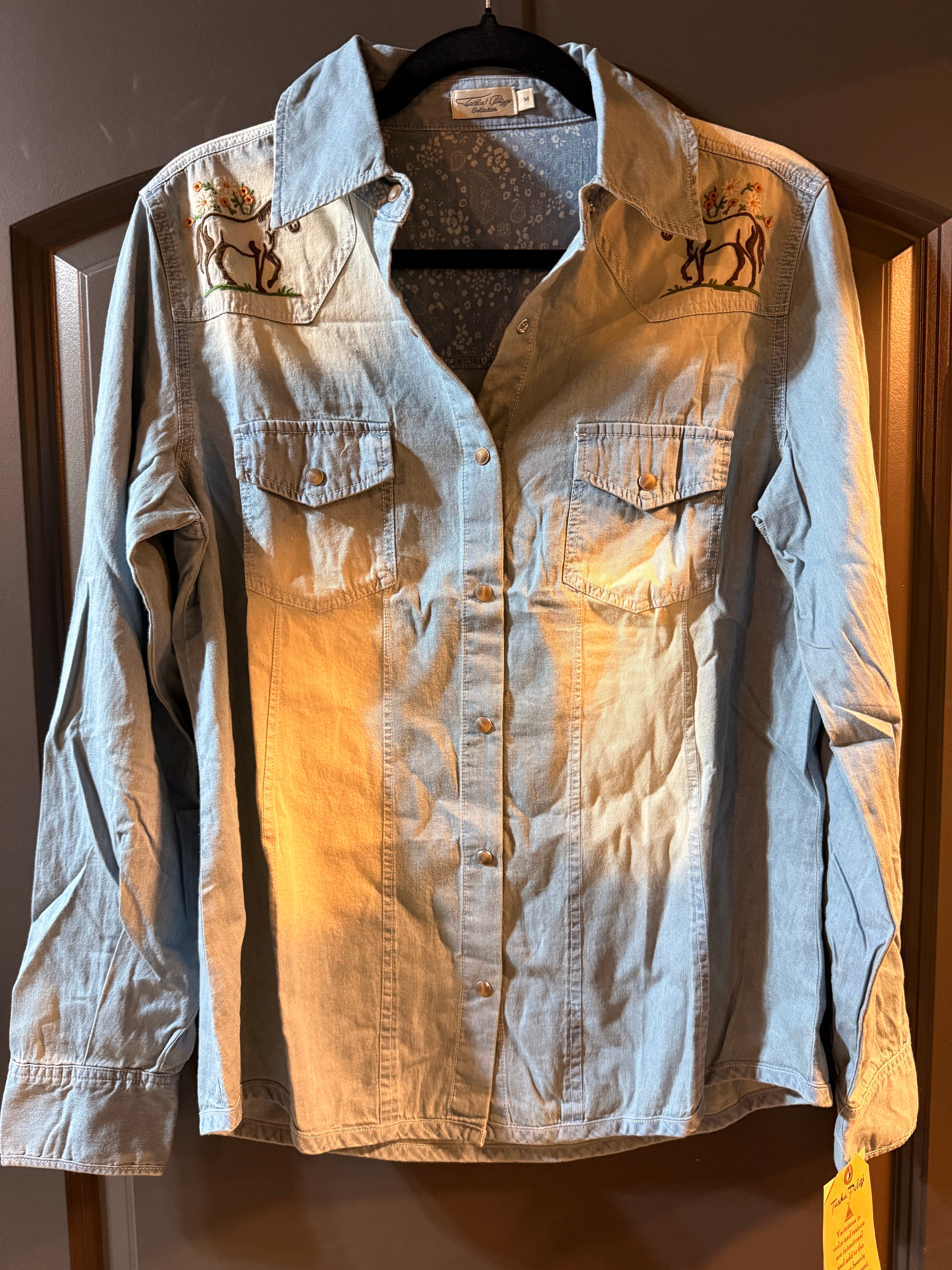 Washed Blue Denim Cowboy & Flowers Embroidered Silver Snap Shirt