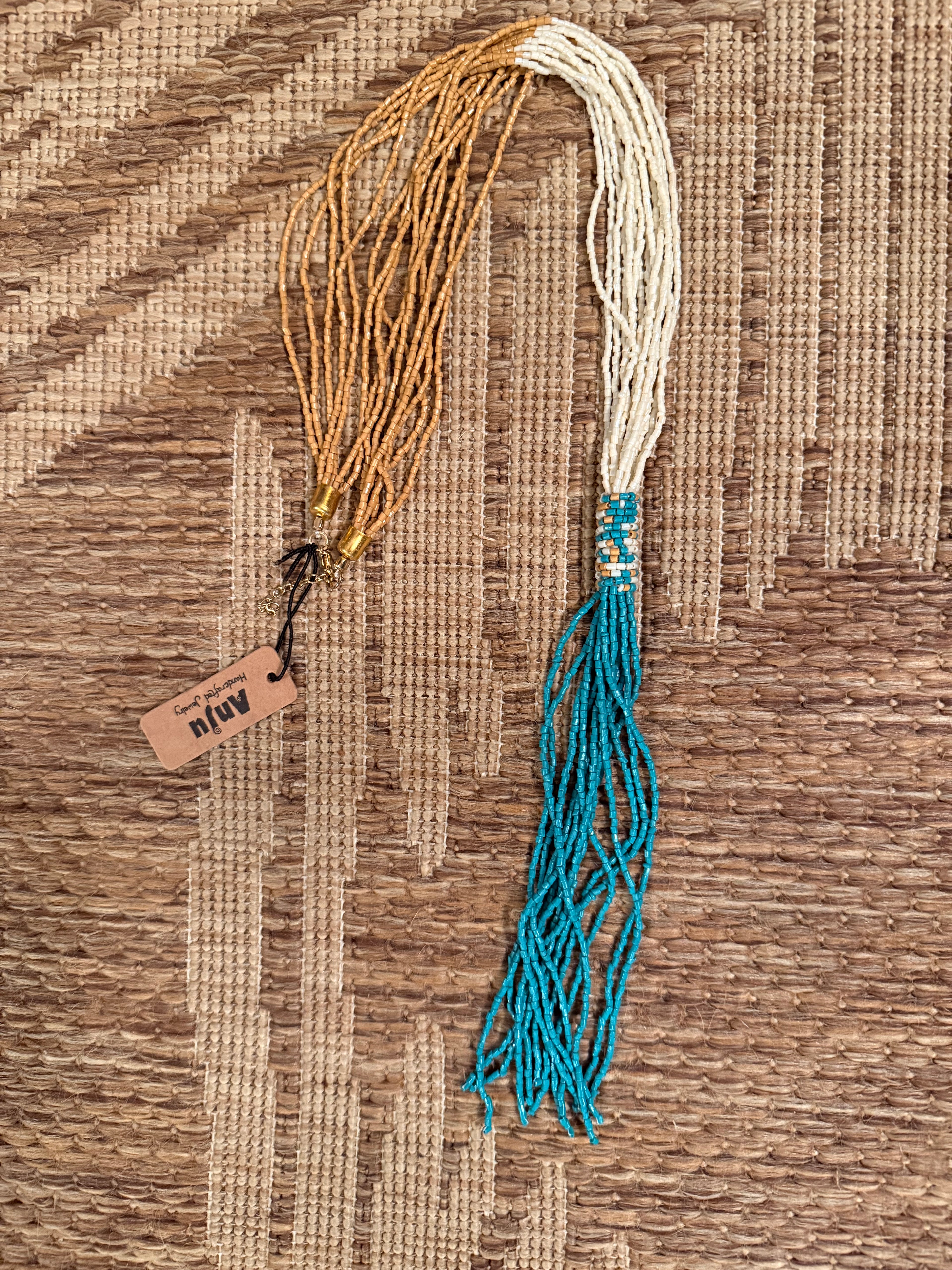 Ivory and Gold Beaded Statement Necklace with Turquoise Tassel
