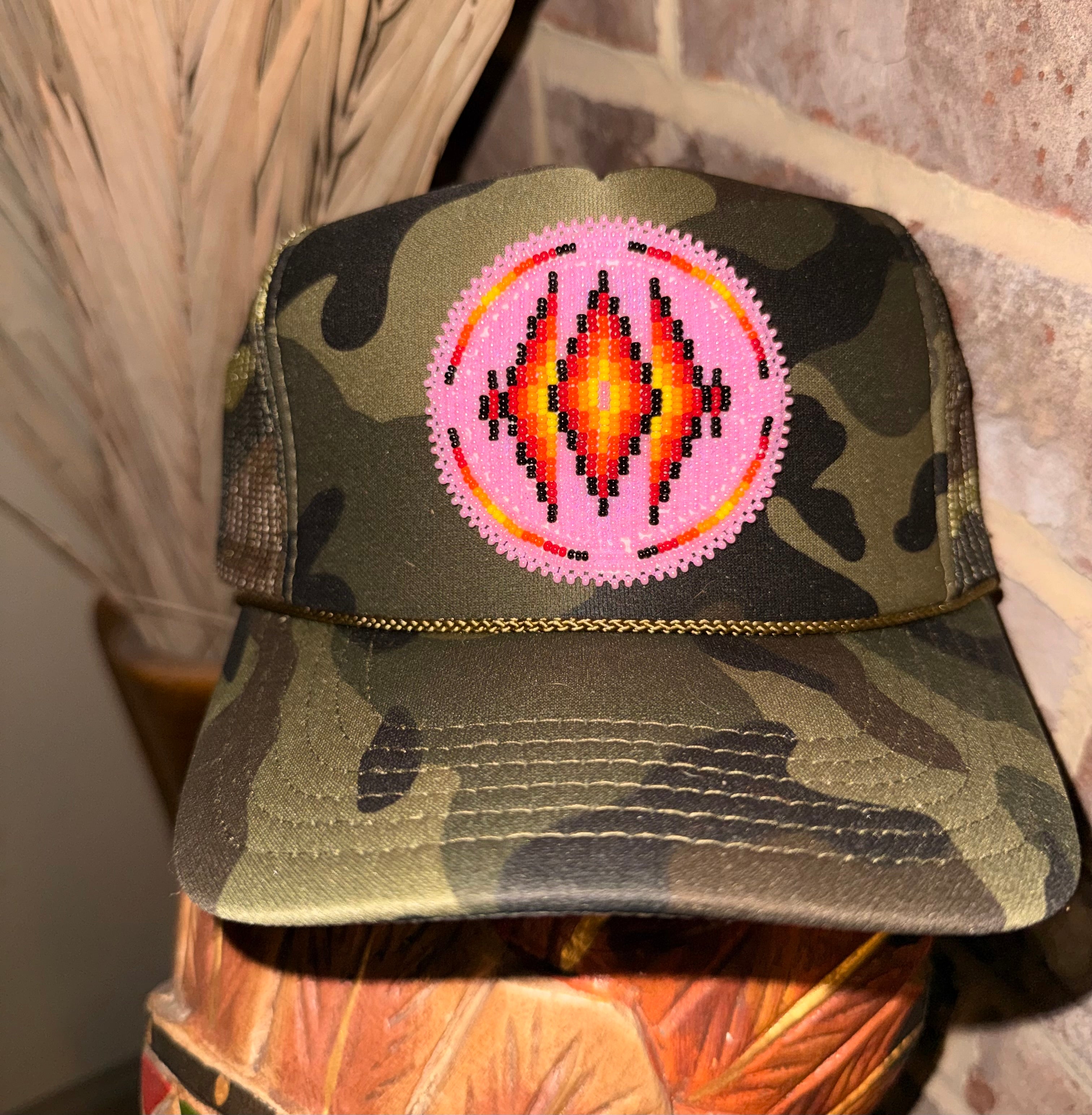 Thomas Trucker with Pink Beaded Medallion on Camo