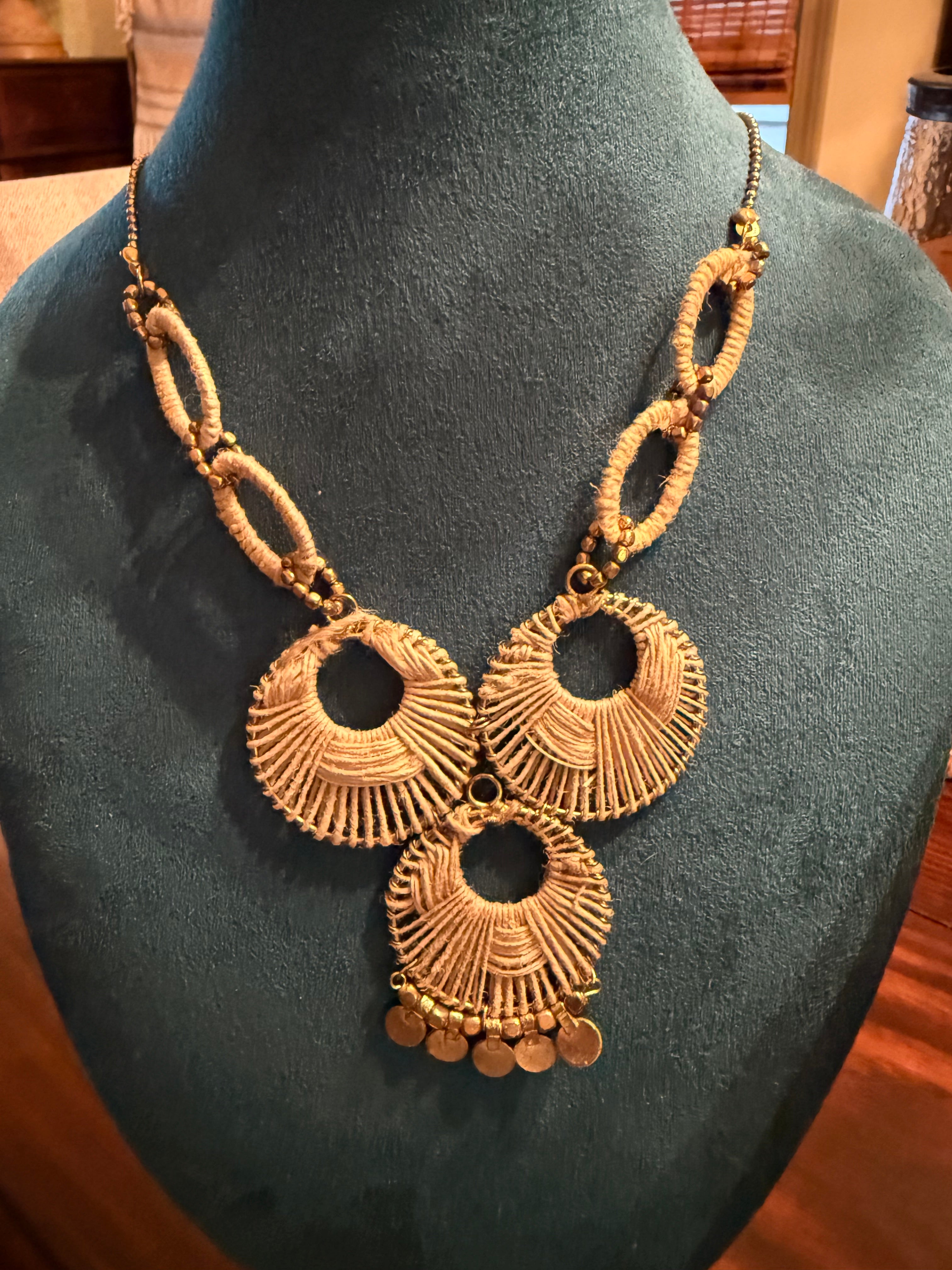 Handwoven Golden Grass Statement Necklace with Circular Fan Pendants